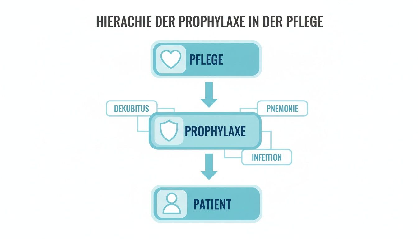 Infografik zur Hierarchie der Prophylaxe in der Pflege, zeigt Verbindung von Pflege zu Patient über Dekubitus-, Pneumonie- und Infektionsprävention.