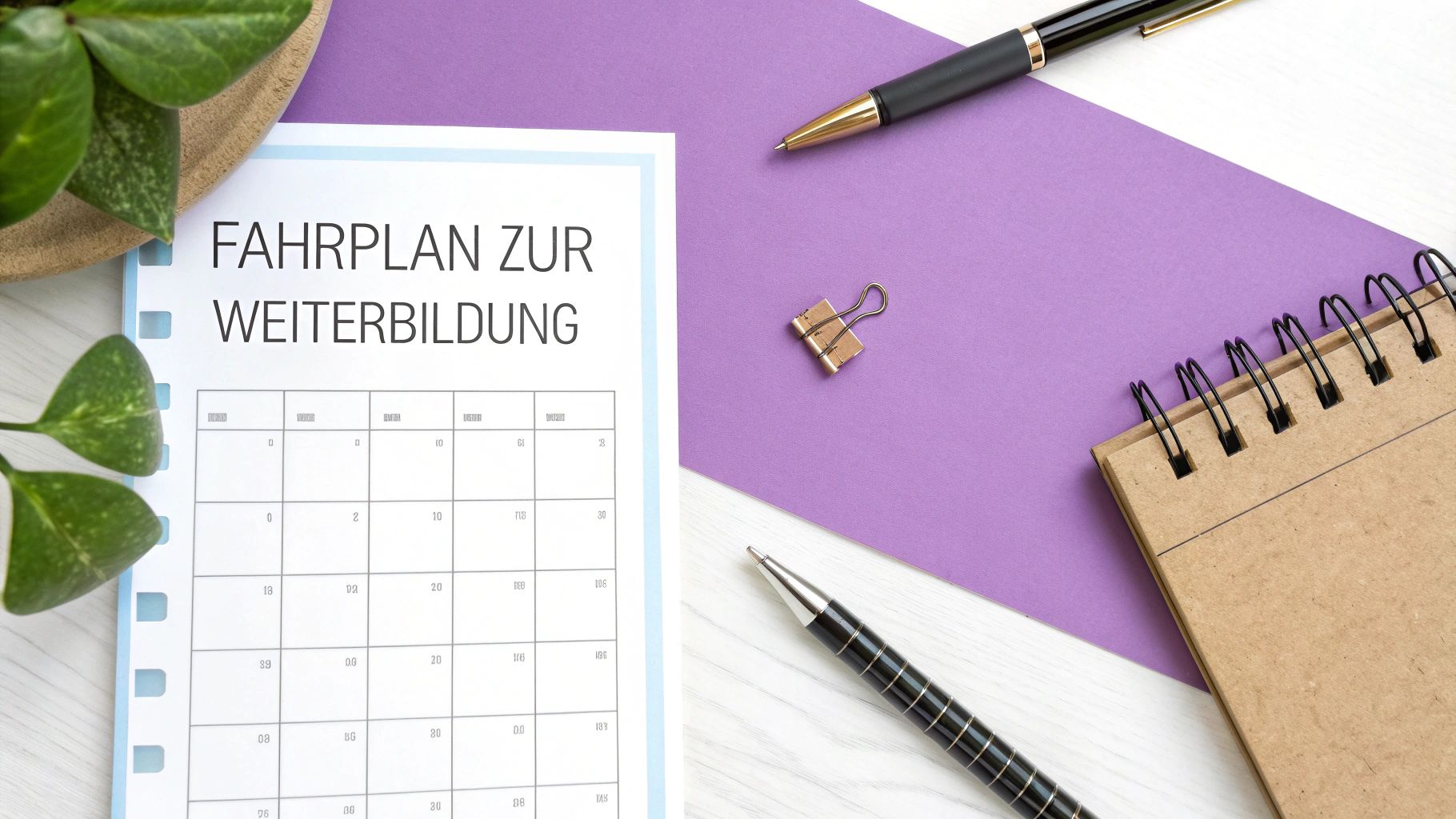 Fahrplan zur Weiterbildung, Notizbuch, Stifte und Büroklammer auf einem lila und weißen Schreibtischhintergrund.