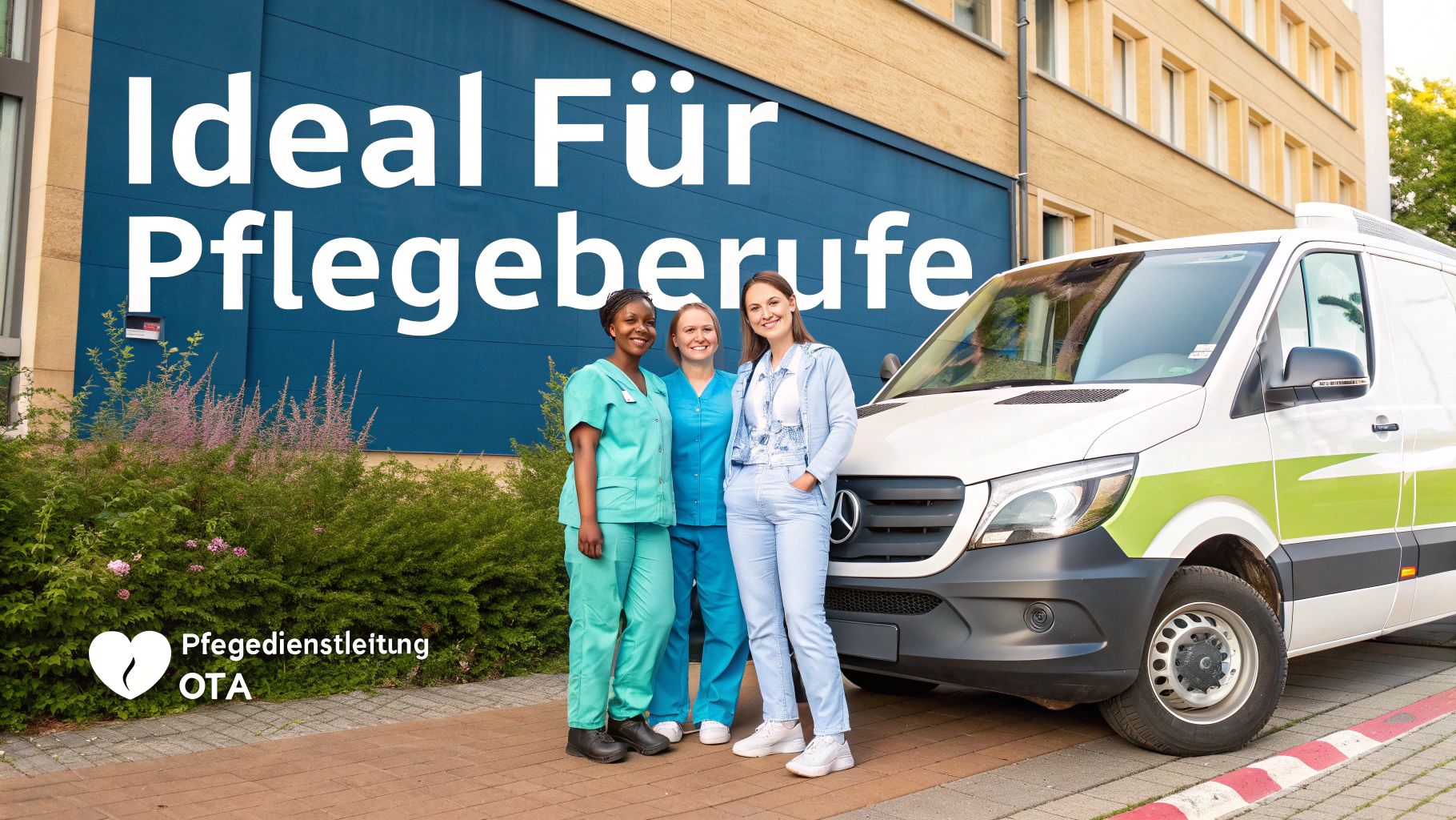 Drei lächelnde Frauen, teils in Arbeitskleidung, vor einem Gebäude mit der Aufschrift 'Ideal Für Pflegeberufe' und einem weißen Dienstwagen.