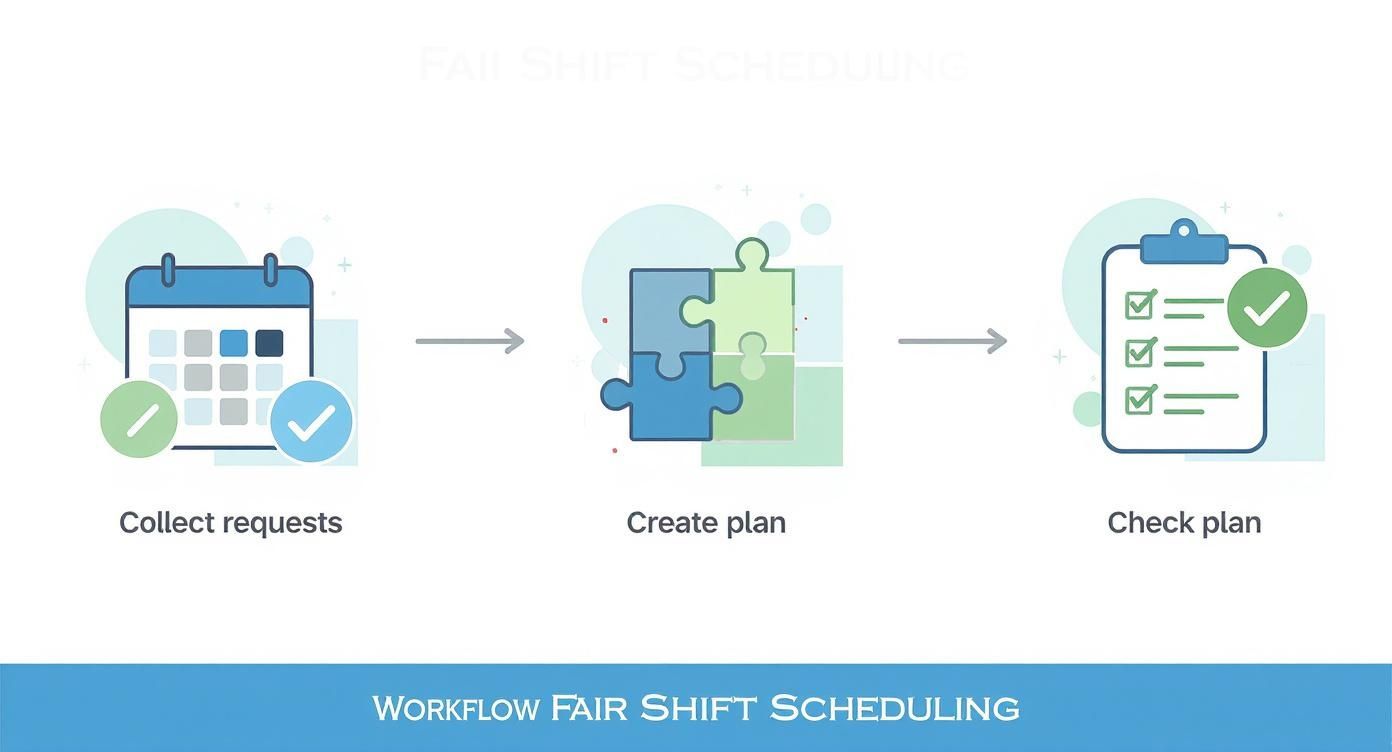 Workflow für faire Schichtplanung: Anfragen sammeln, Plan erstellen und Plan überprüfen mit Kalender-, Puzzle- und Checklisten-Symbolen.