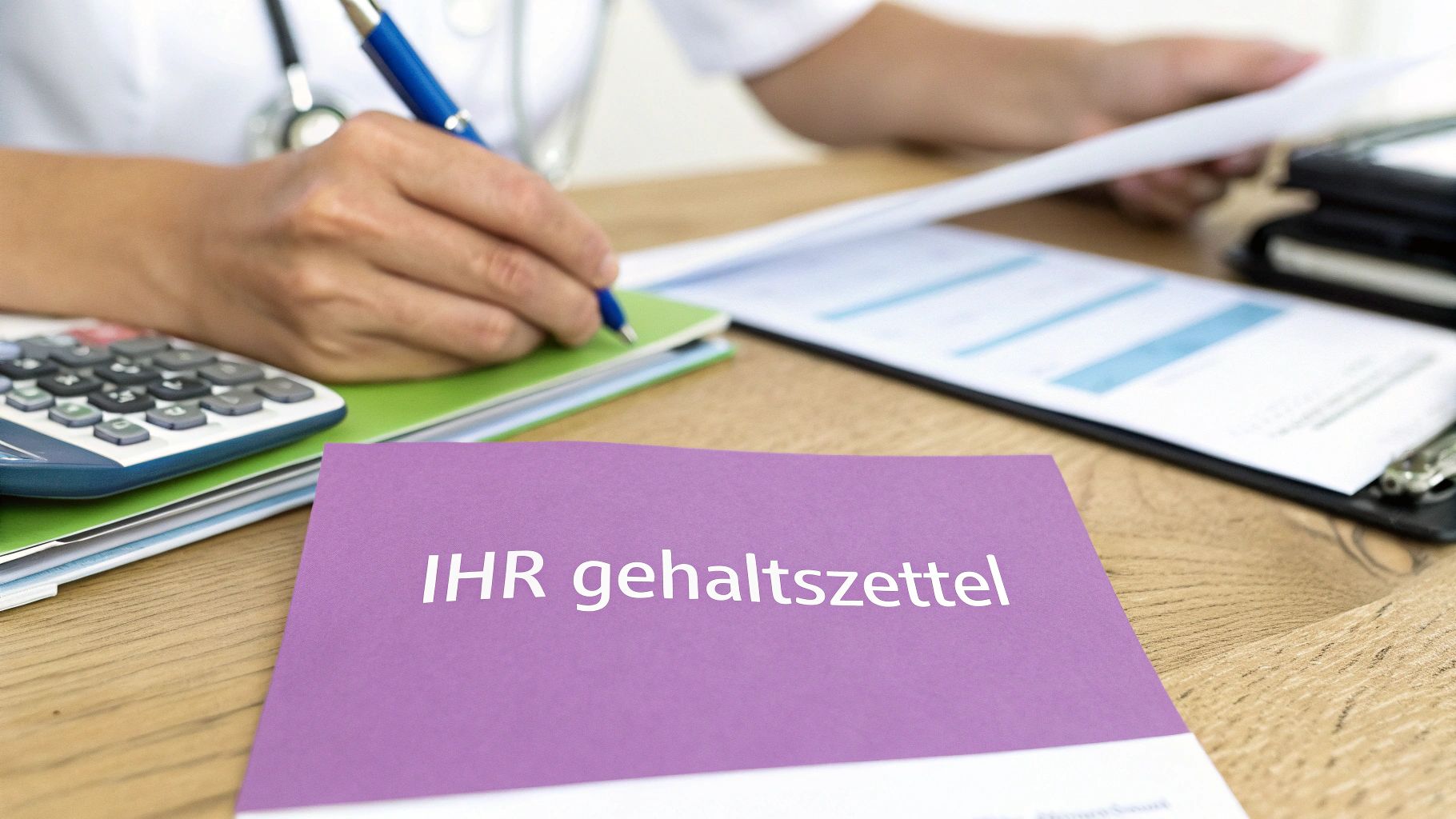 Eine Person am Schreibtisch schreibt, umgeben von Dokumenten, darunter ein Gehaltszettel und ein Taschenrechner.