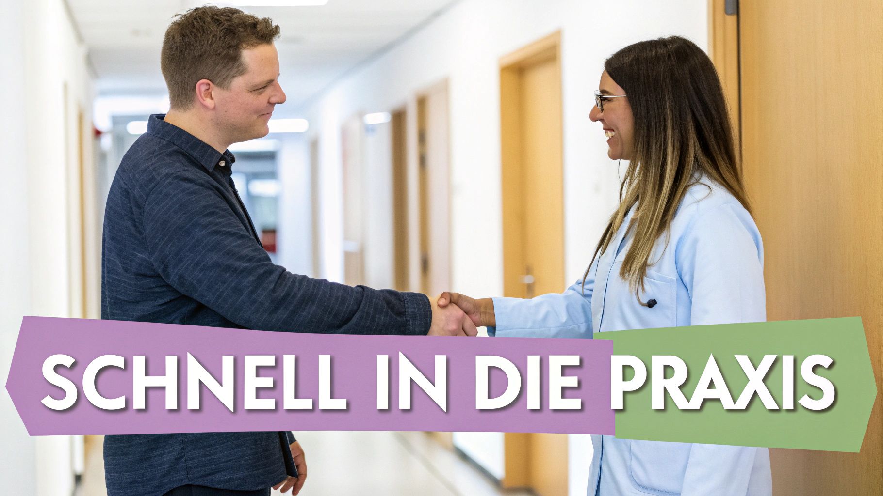 Professioneller Händedruck zwischen Mann und Frau im Krankenhaus-Flur, Einstieg in Pflegeberufe