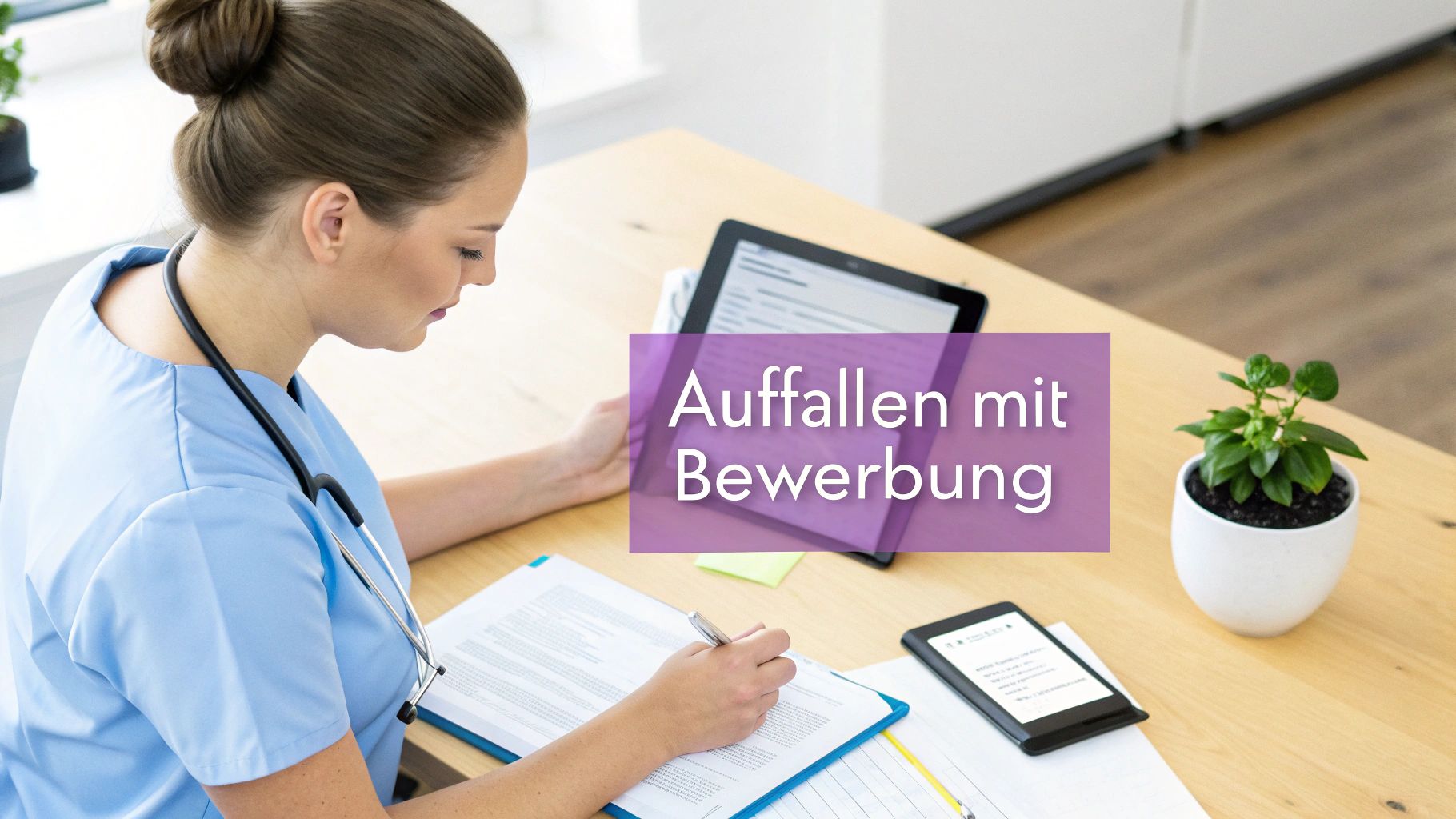 Eine junge Krankenschwester in blauer Arbeitskleidung schreibt konzentriert an einem Schreibtisch mit Dokumenten und Technik.