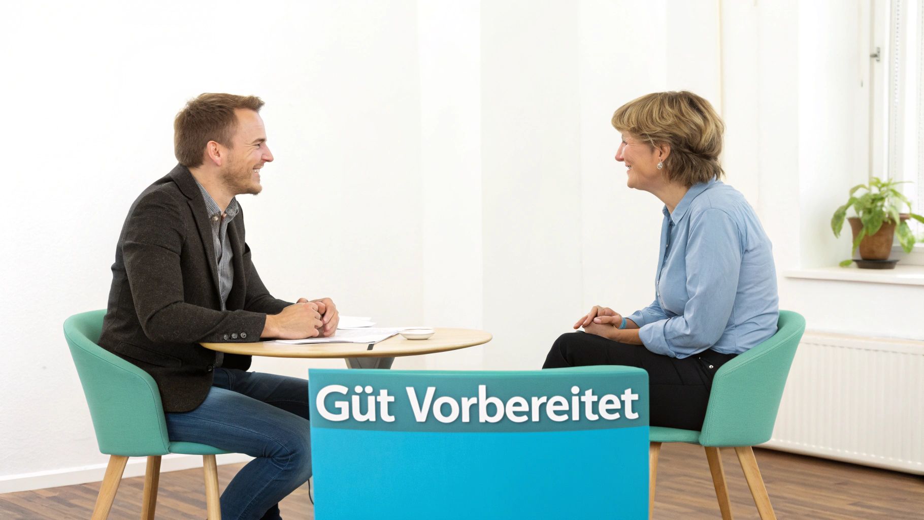 Zwei Personen, ein Mann und eine Frau, sitzen lächelnd an einem Tisch und führen ein Gespräch. Ein Schild sagt „Güt Vorbereitet“.
