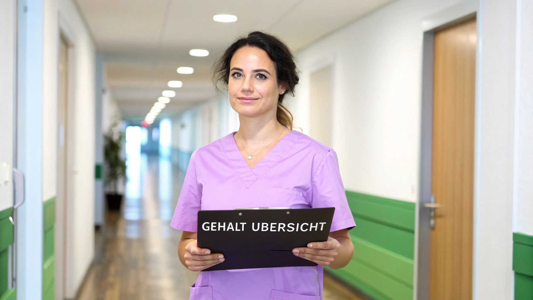 Eine lächelnde Pflegekraft in Flieder-Uniform hält ein Klemmbrett mit der Aufschrift 'GEHALT ÜBERSICHT'.