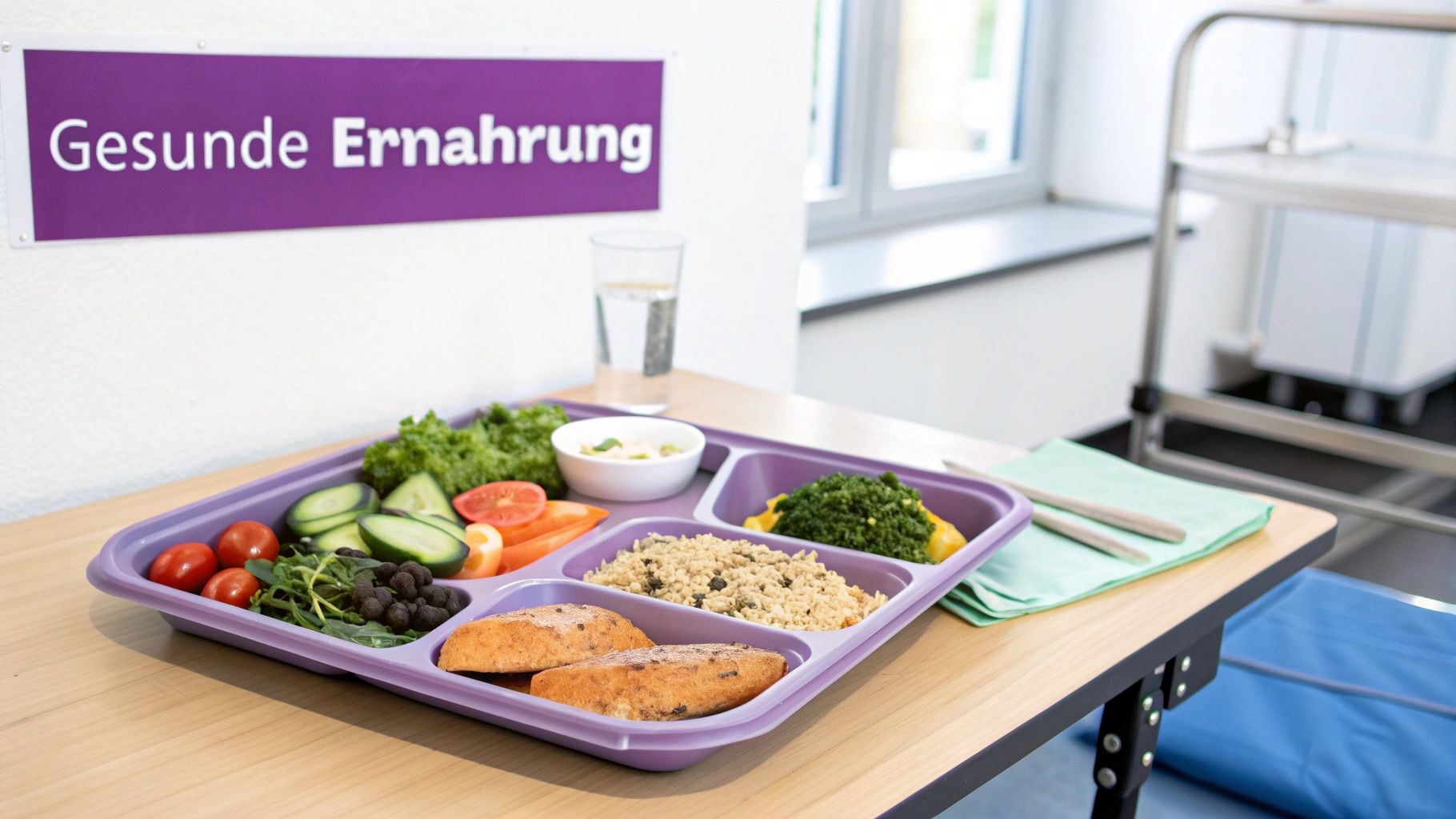 Gesunde, ausgewogene Mahlzeit auf lila Tablett mit frischem Gemüse, Getreide und Brot. Im Hintergrund steht ein Schild 'Gesunde Ernährung'.