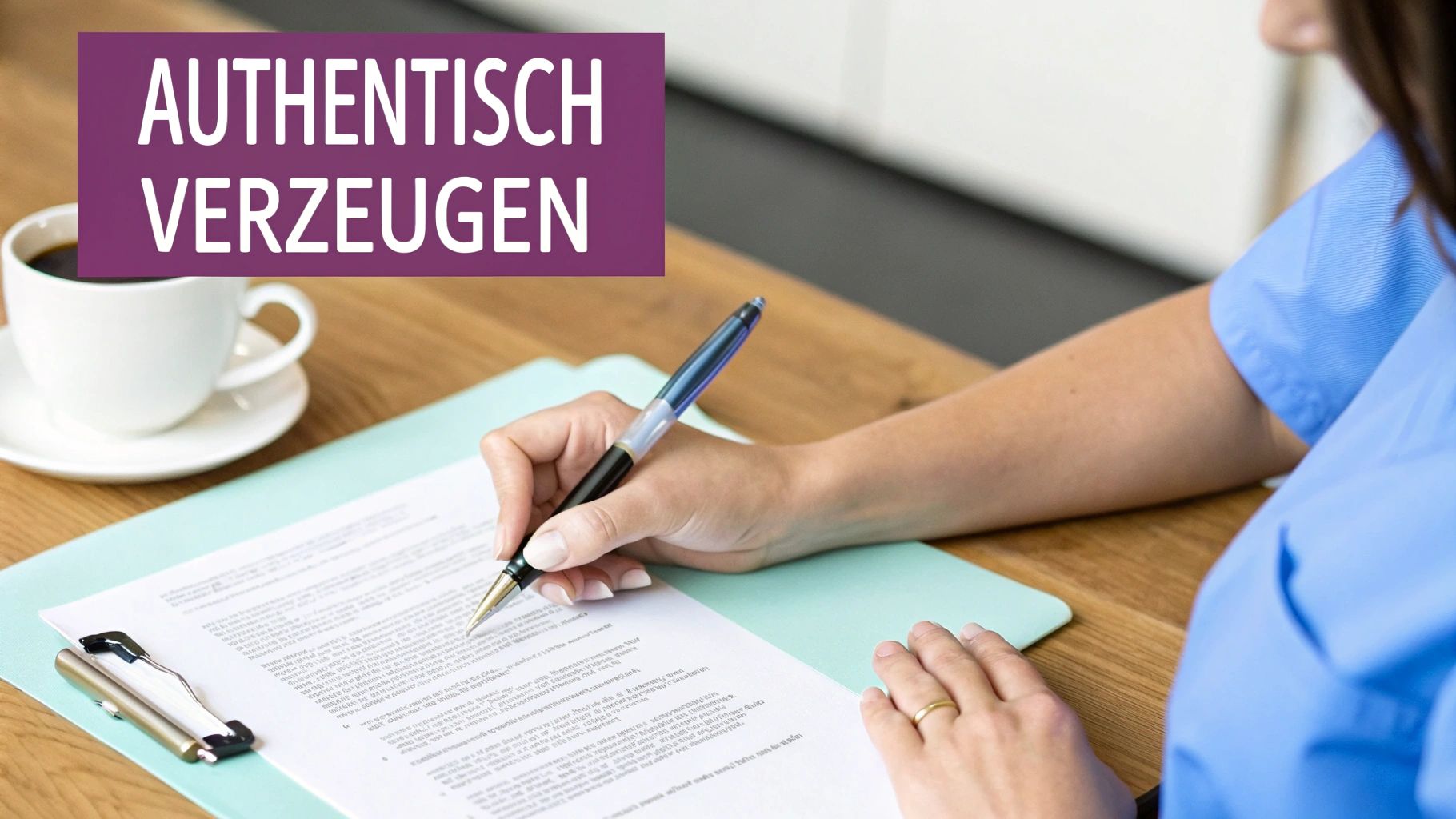 Krankenschwester in blauer Uniform schreibt an einem Dokument mit einer Tasse Kaffee.