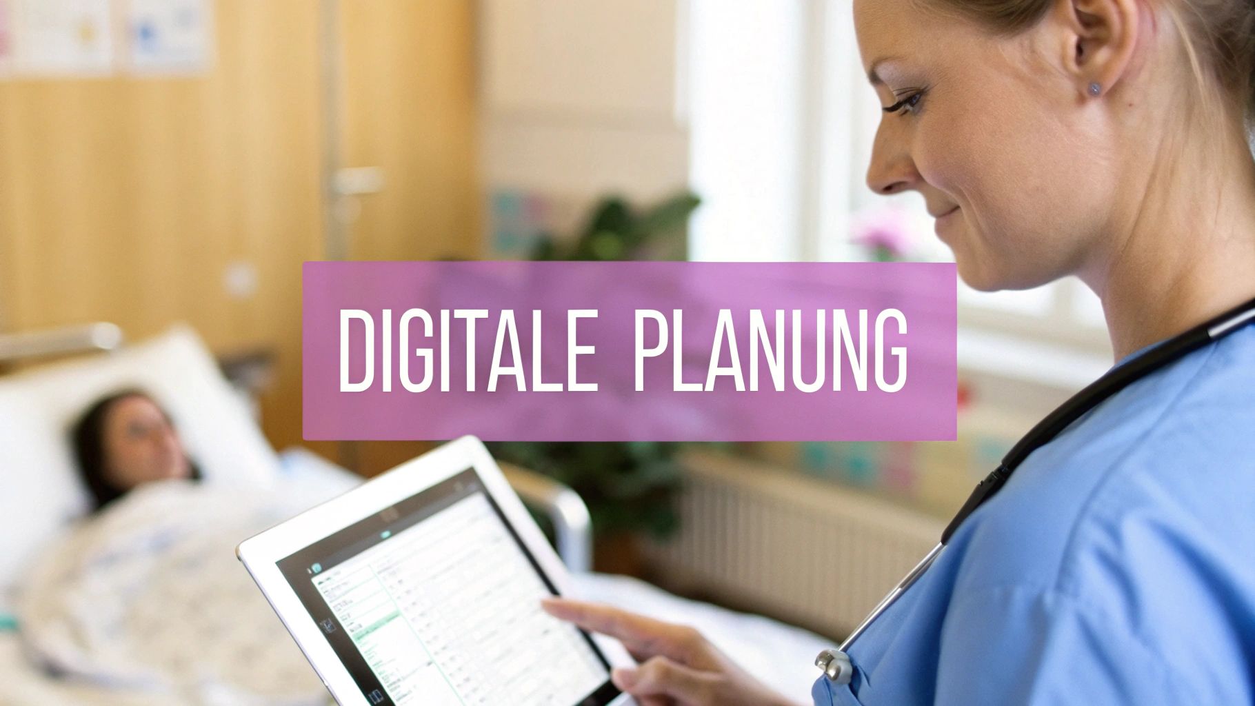 Eine Krankenschwester nutzt ein Tablet für digitale Planung im Krankenhauszimmer mit einem Patienten im Hintergrund.