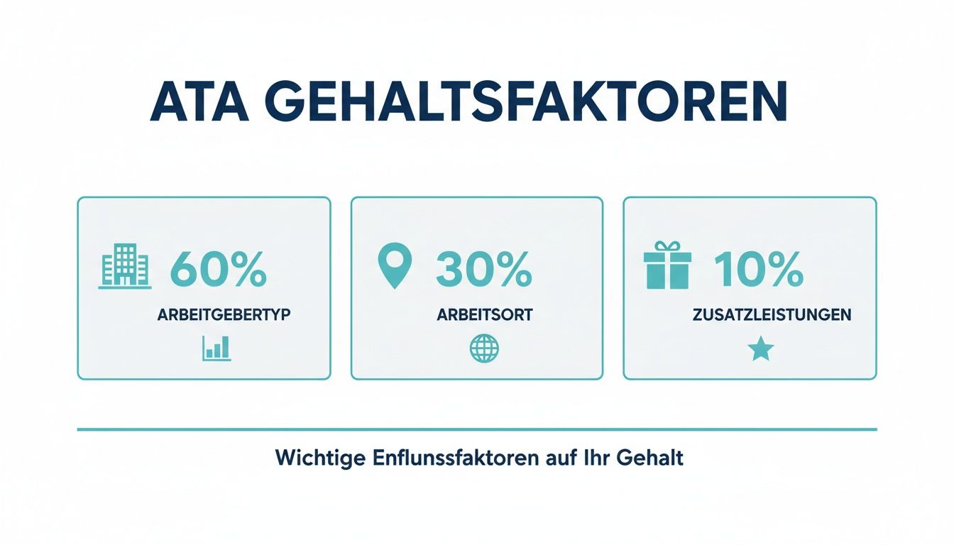 Eine Infografik zeigt die wichtigsten Einflussfaktoren auf das Gehalt: Arbeitgebertyp (60%), Arbeitsort (30%) und Zusatzleistungen (10%).