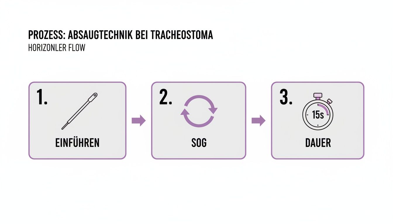 Prozess der Absaugtechnik bei Tracheostoma in drei Schritten: Einführen, Sog anwenden und Dauer von 15 Sekunden.