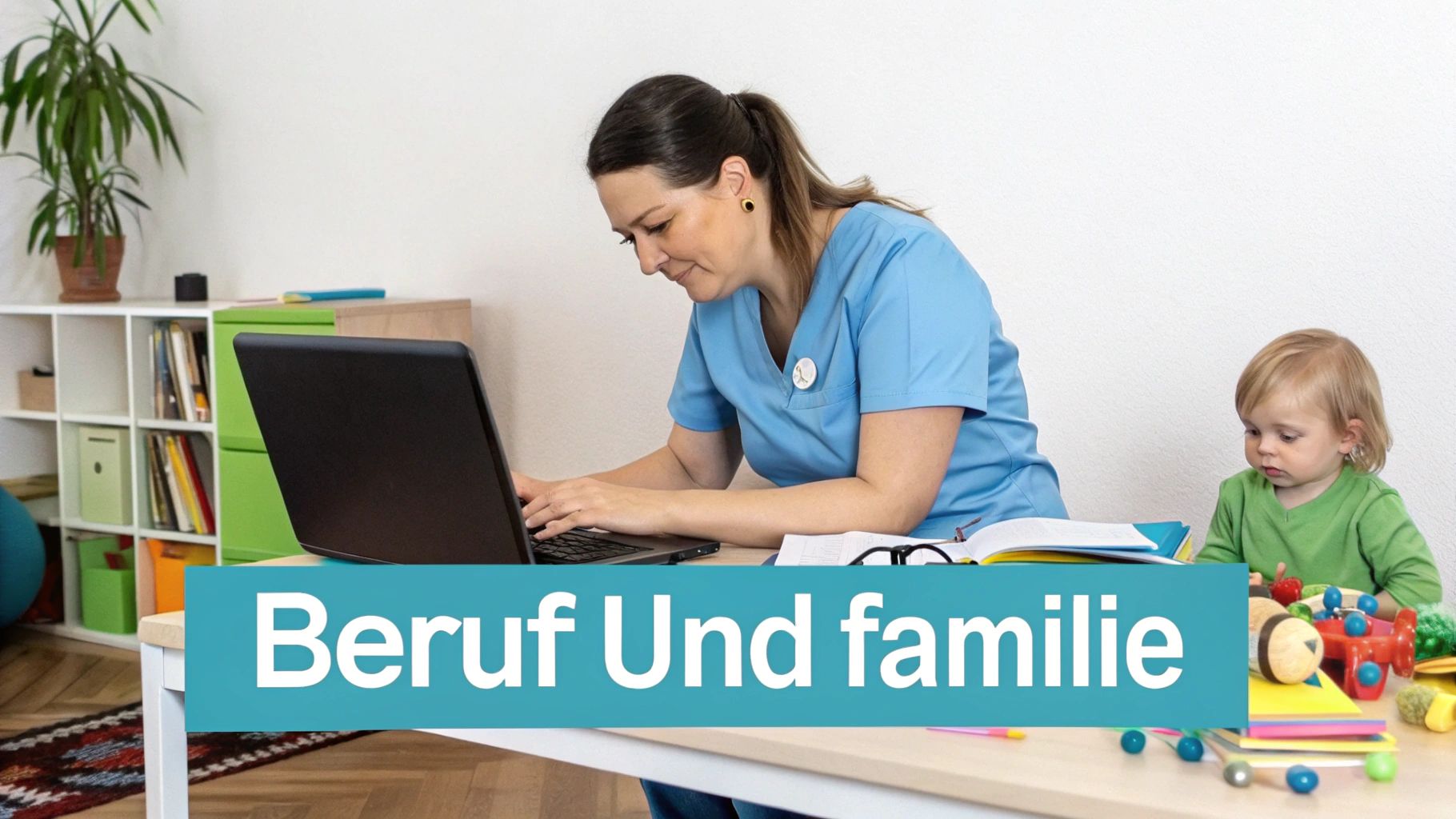 Eine Frau in blauer Arbeitskleidung arbeitet am Laptop, während ein Kleinkind daneben spielt.