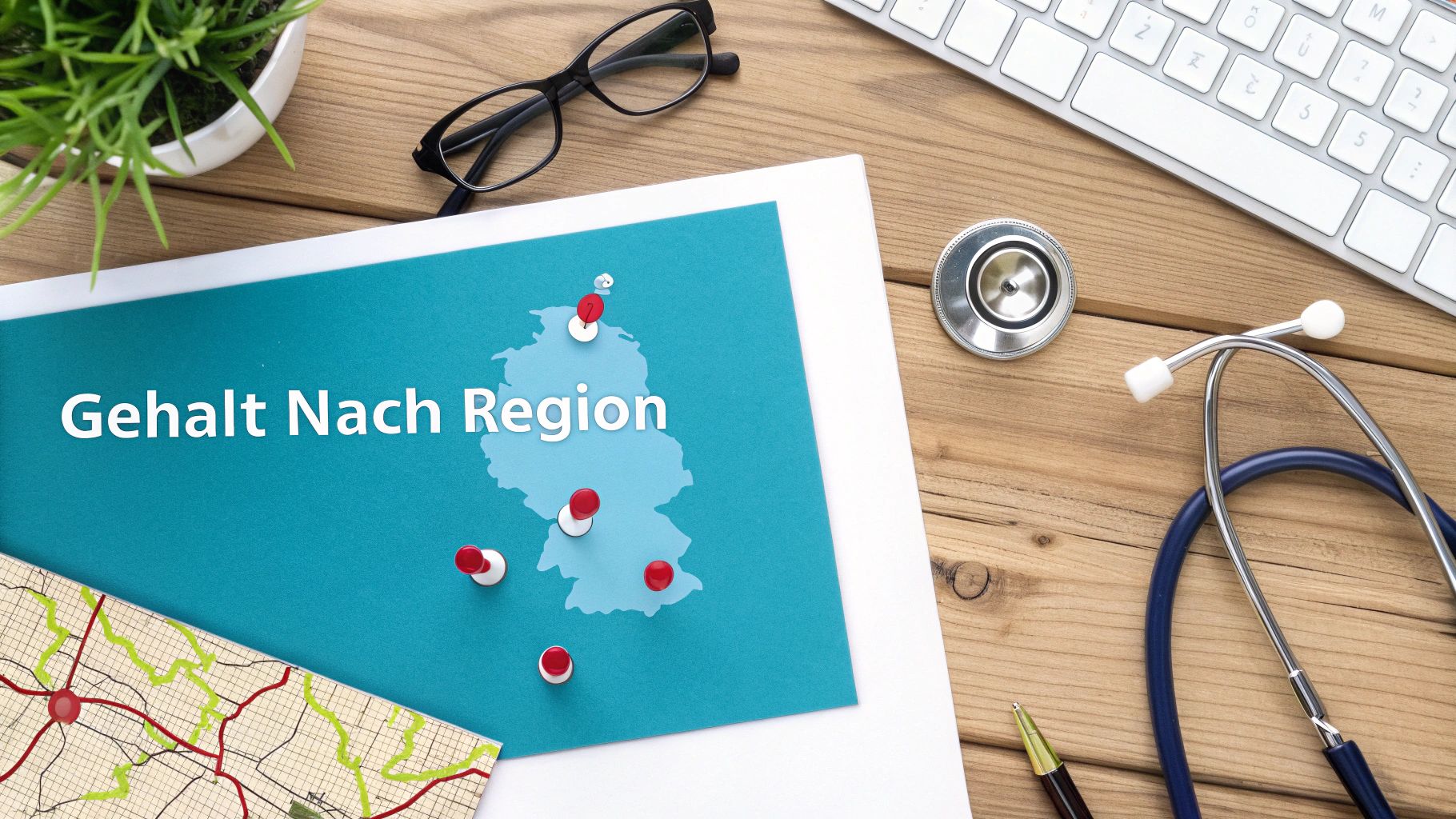 Draufsicht auf einen Schreibtisch mit Deutschlandkarte, Stecknadeln, Text 'Gehalt Nach Region', Stethoskop und Brille.