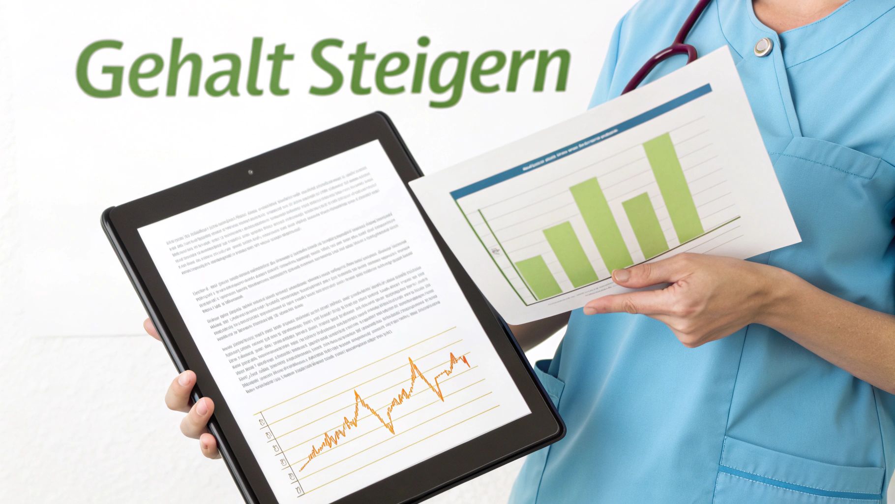 Eine Person in Arbeitskleidung hält Tablet und Diagramme, mit dem Text 'Gehalt Steigern' im Hintergrund.