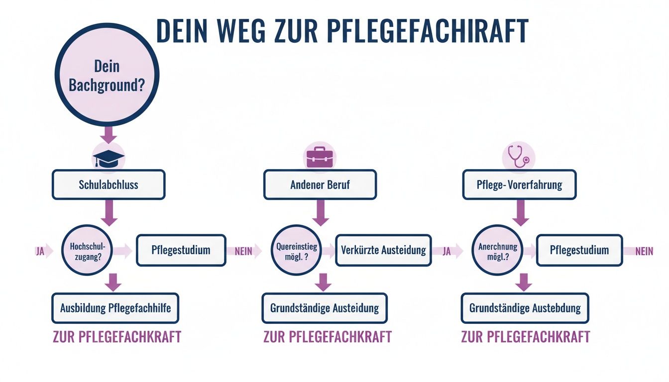 Flussdiagramm: Dein Weg zur Pflegefachkraft mit Schulabschluss, Berufserfahrung oder Pflege-Vorerfahrung.