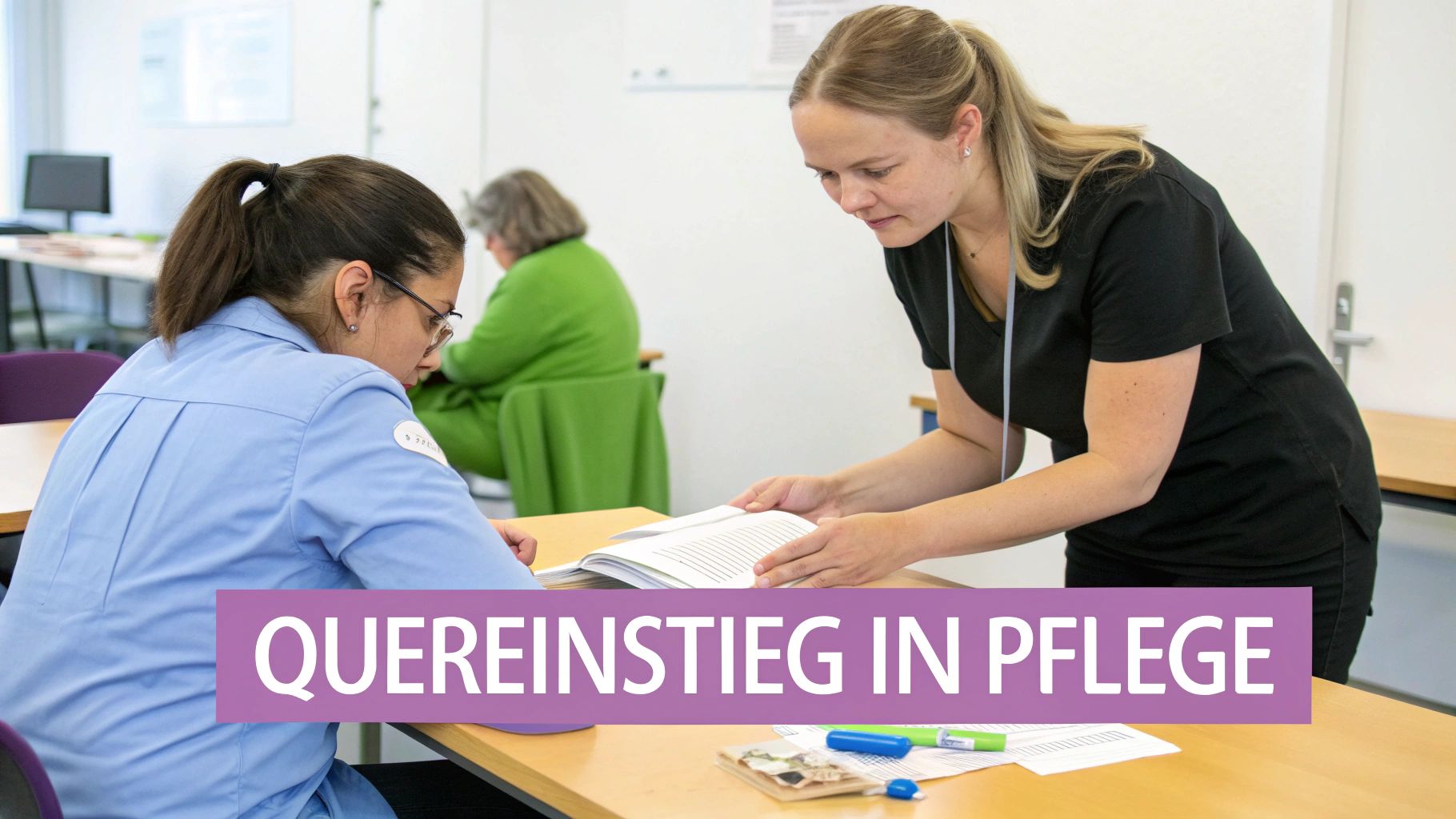 Zwei Frauen lernen gemeinsam in einem Kurs zum Quereinstieg in die Pflege, eine Lehrende unterstützt eine Lernende.