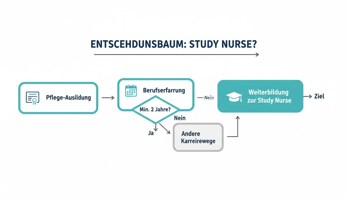 Ein Entscheidungsbaum visualisiert den Weg zur Study Nurse, beginnend mit Pflege-Ausbildung und Berufserfahrung.