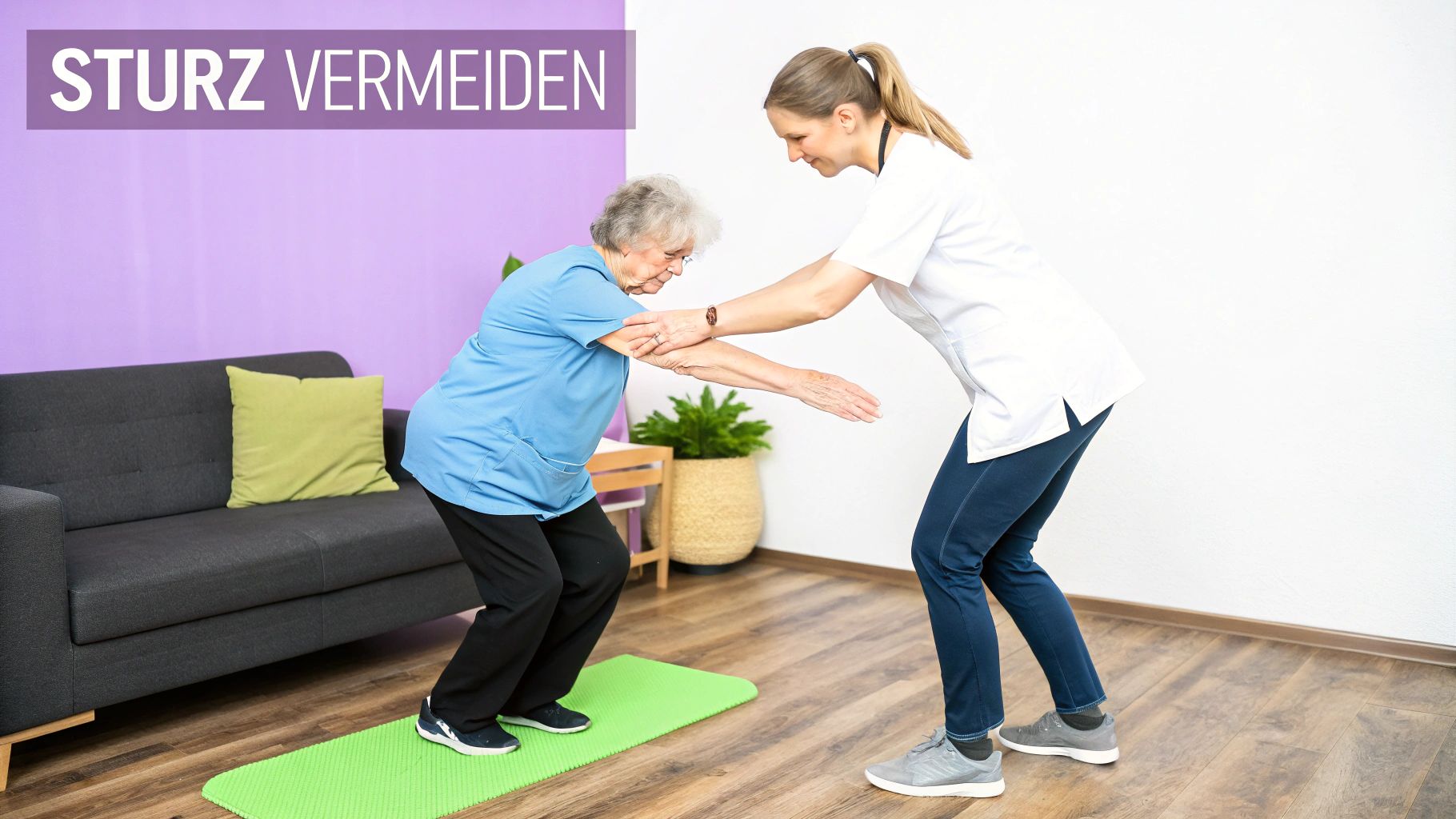 Ältere Frau trainiert Sturzprophylaxe mit Unterstützung einer Pflegekraft auf einer Matte zu Hause.