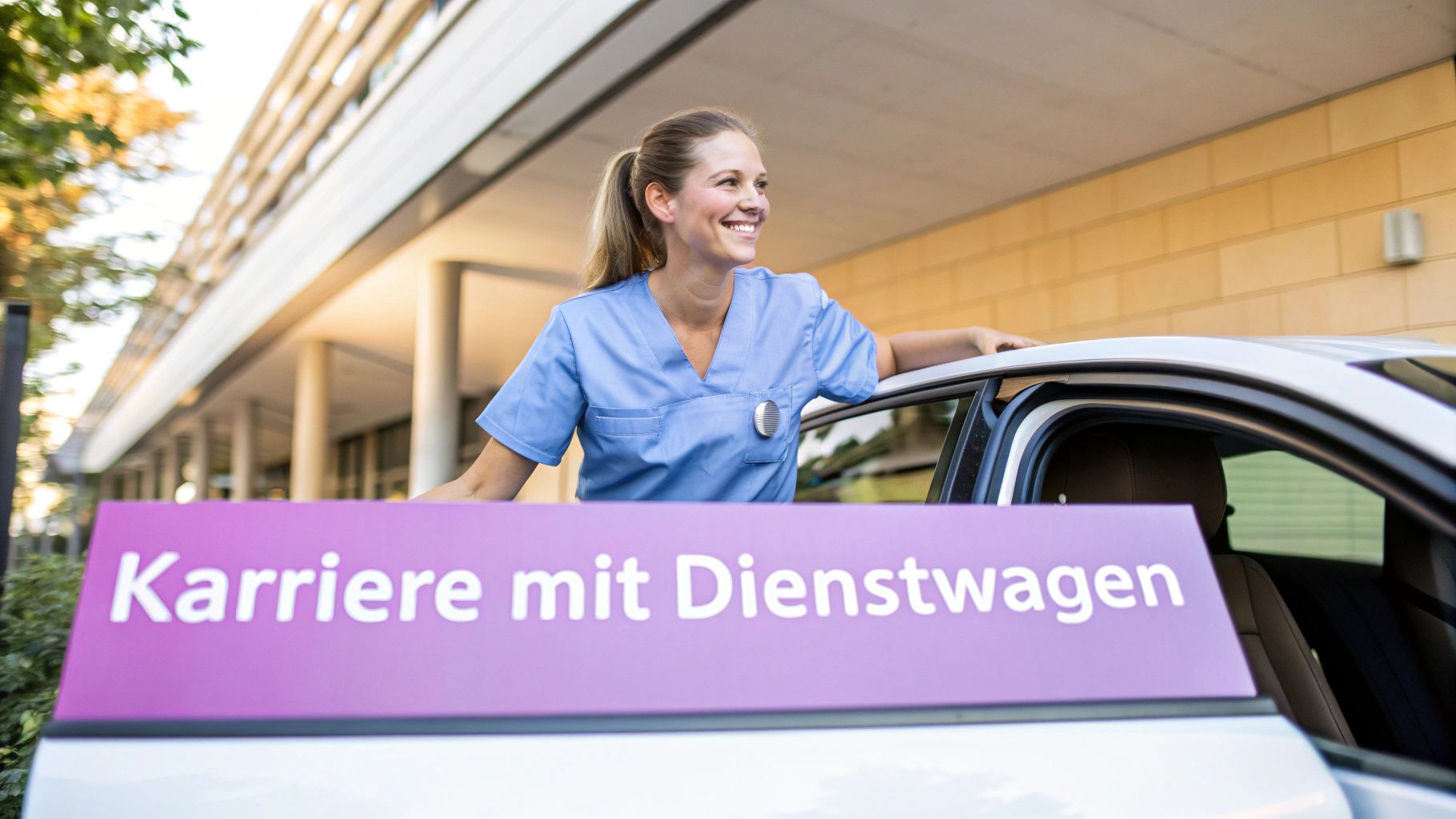 Lächelnde Pflegekraft lehnt aus einem Auto mit einem Schild „Karriere mit Dienstwagen“.