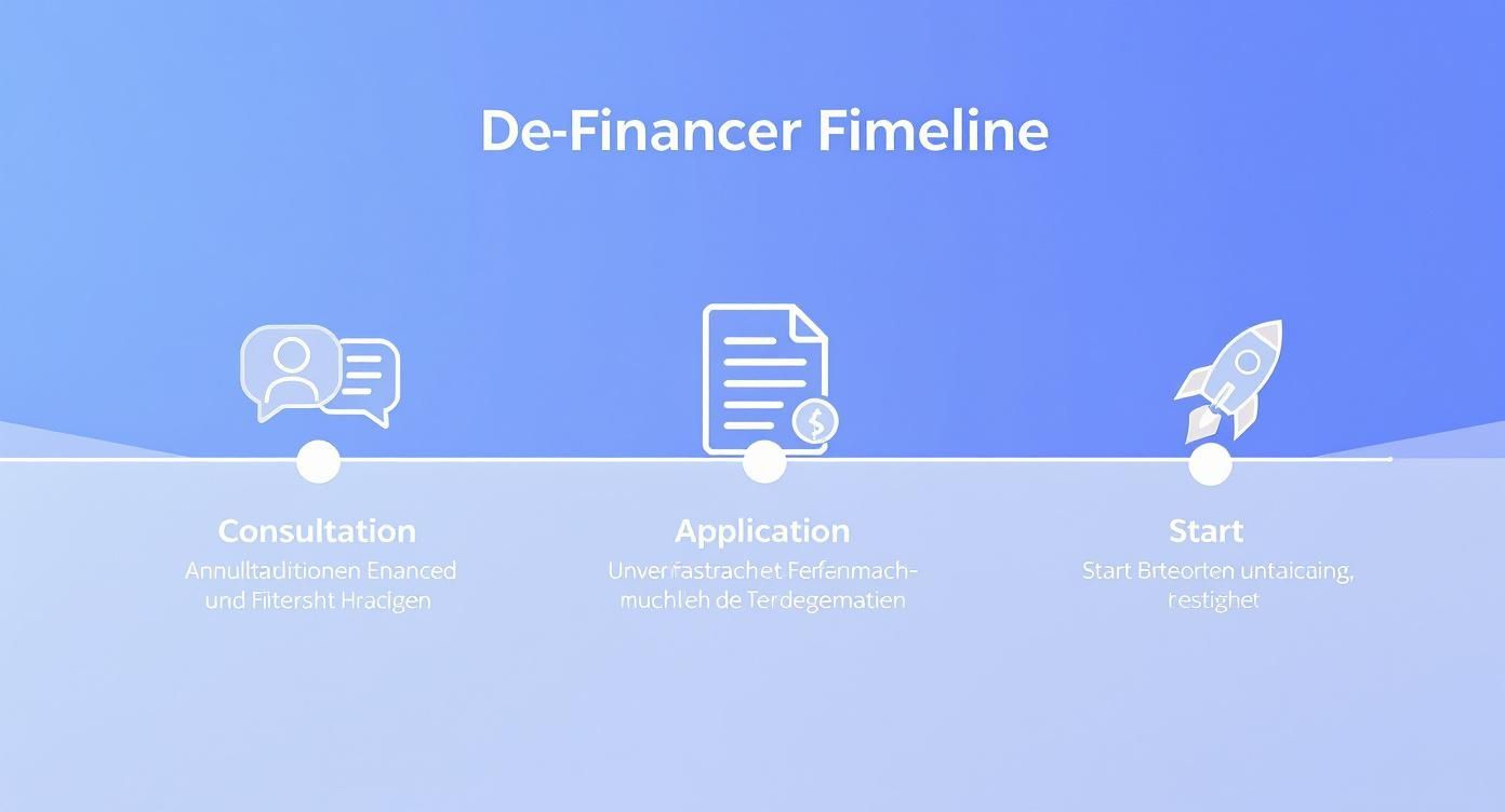 Eine Timeline mit drei Schritten: Beratung, Antragstellung und Start, jeweils mit passenden Symbolen und Text.