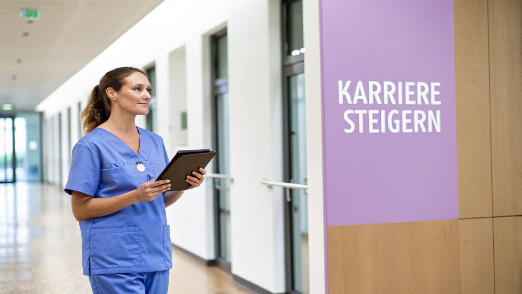 Eine lächelnde Krankenschwester in blauer Uniform geht einen Flur entlang und blickt auf ein Schild mit der Aufschrift „KARRIERE STEIGERN“.