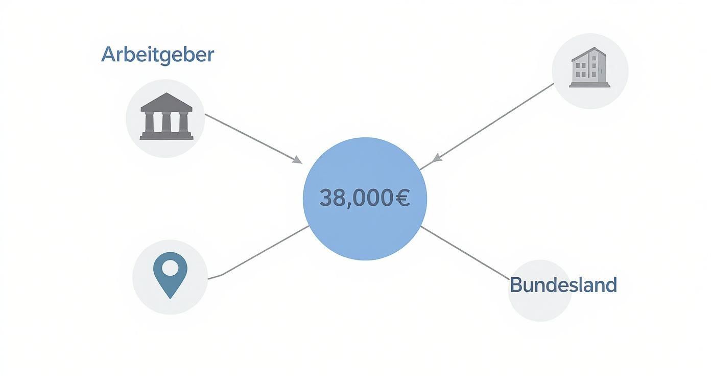 Diagramm zeigt einen zentralen Betrag von 38.000€, beeinflusst von Arbeitgeber, Bundesland, Ort und einem Gebäude.