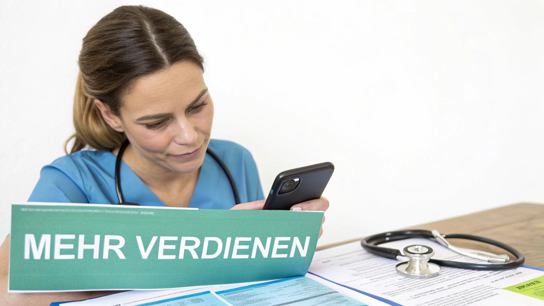 Eine lächelnde Pflegekraft betrachtet ihr Smartphone mit einem 'MEHR VERDIENEN'-Schild vor sich, daneben ein Stethoskop.