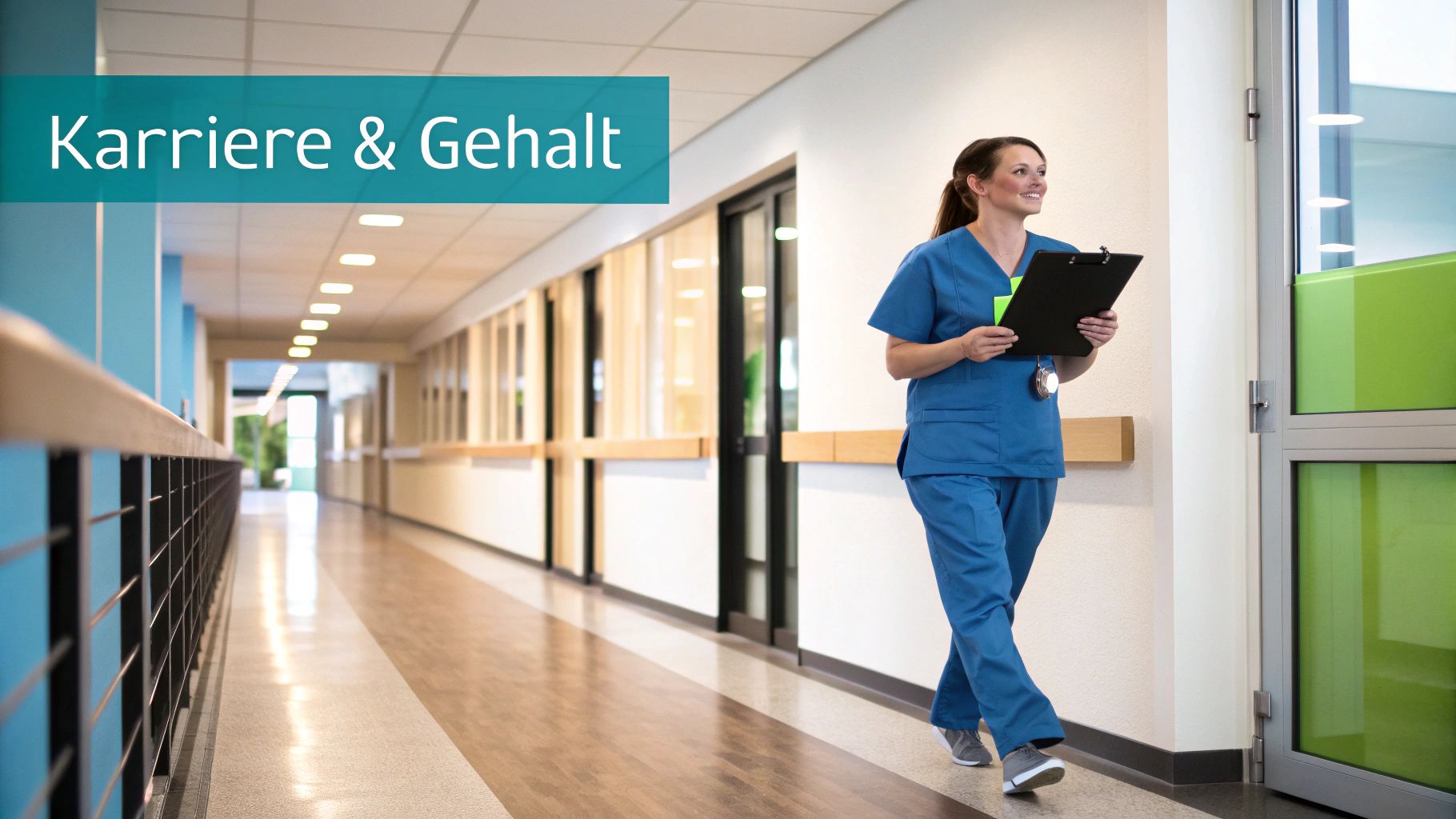 Lächelnde Pflegefachkraft in blauer Uniform geht mit Klemmbrett durch einen hellen Krankenhausflur. Links oben steht 'Karriere & Gehalt'.