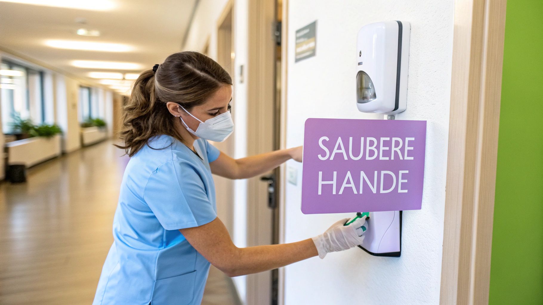 Krankenschwester mit Maske und Handschuhen desinfiziert ihre Hände an einem Spender in einem Krankenhausflur.