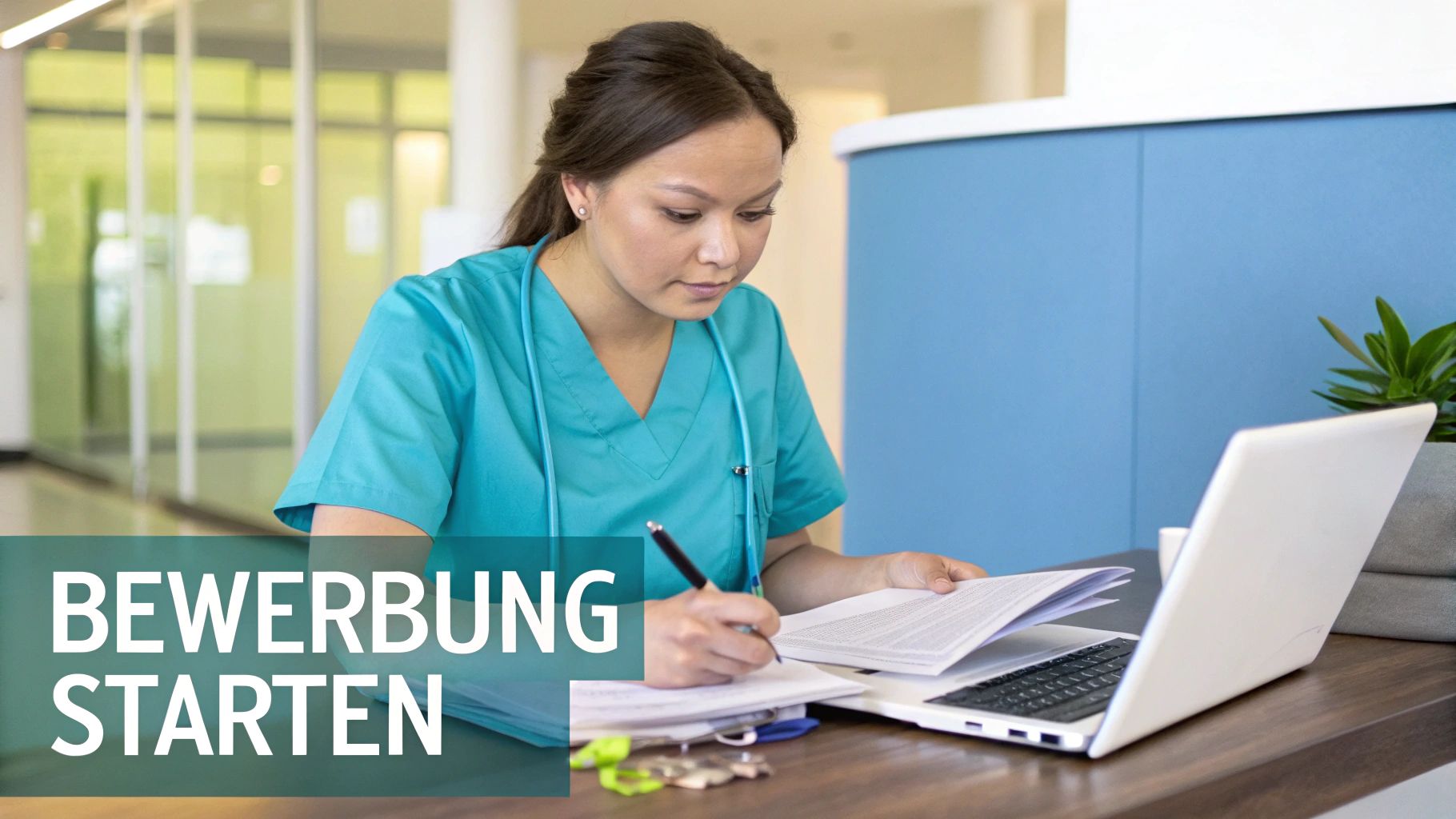 Eine junge Krankenschwester in türkisfarbener Arbeitskleidung sitzt an einem Schreibtisch, arbeitet an Dokumenten und einem Laptop. Der Text "Bewerbung starten" ist unten links eingeblendet.