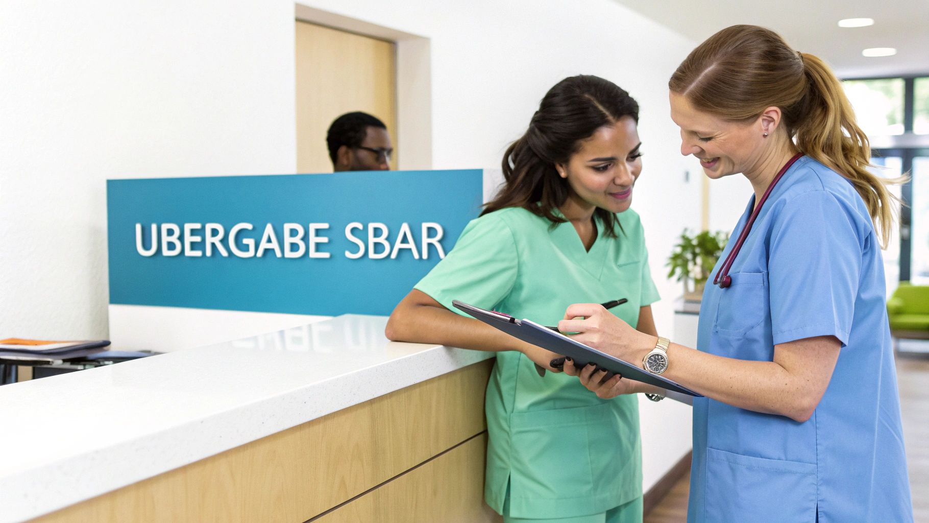 Zwei lächelnde Pflegekräfte in medizinischer Kleidung besprechen eine Patientenakte an einem Empfangstresen mit einem 'Übergabe SBAR' Schild.