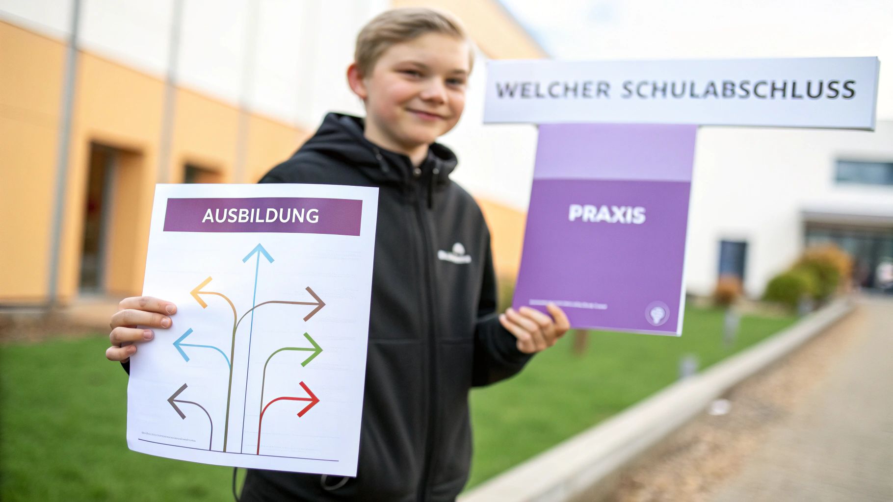 Lächelnder Junge hält Schilder mit Aufschriften „Ausbildung“, „Praxis“ und „Welcher Schulabschluss“ hoch, die Bildungswege darstellen.