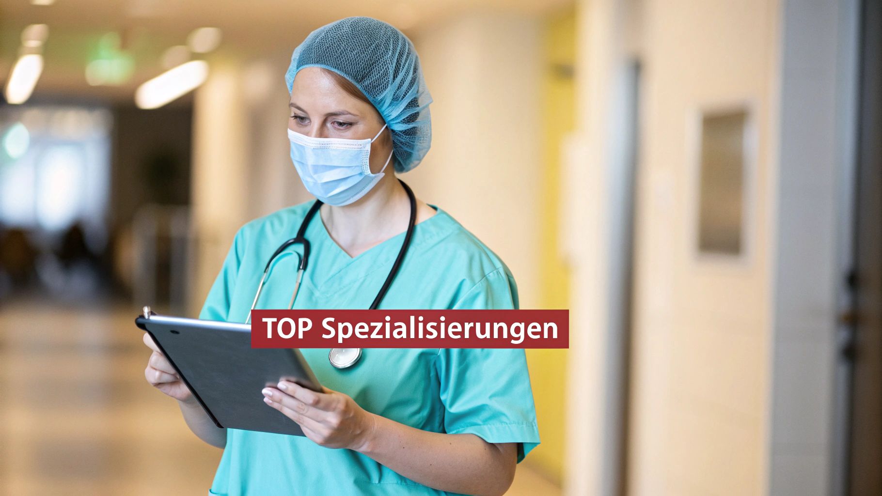 Eine Krankenschwwester oder Ärztin in OP-Kleidung, Maske und Haarnetz hält ein Tablet. Auf dem Bild steht „TOP Spezialisierungen“.