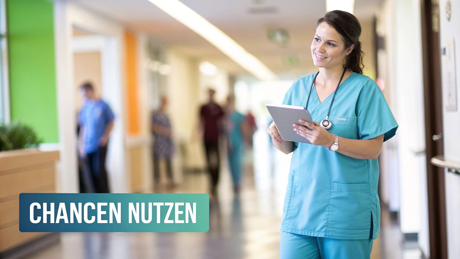 Junge, lächelnde Krankenschwester in türkiser Uniform hält ein Tablet im Krankenhausflur. Im Hintergrund sind unscharfe Personen sichtbar.