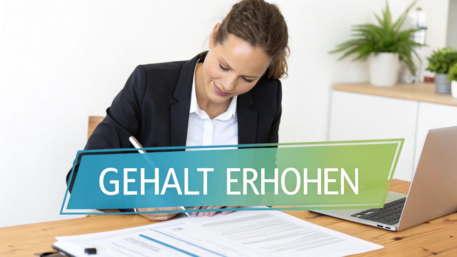 Frau in Business-Kleidung konzentriert sich auf Dokumente am Schreibtisch, mit Banner 'GEHALT ERHÖHEN'.
