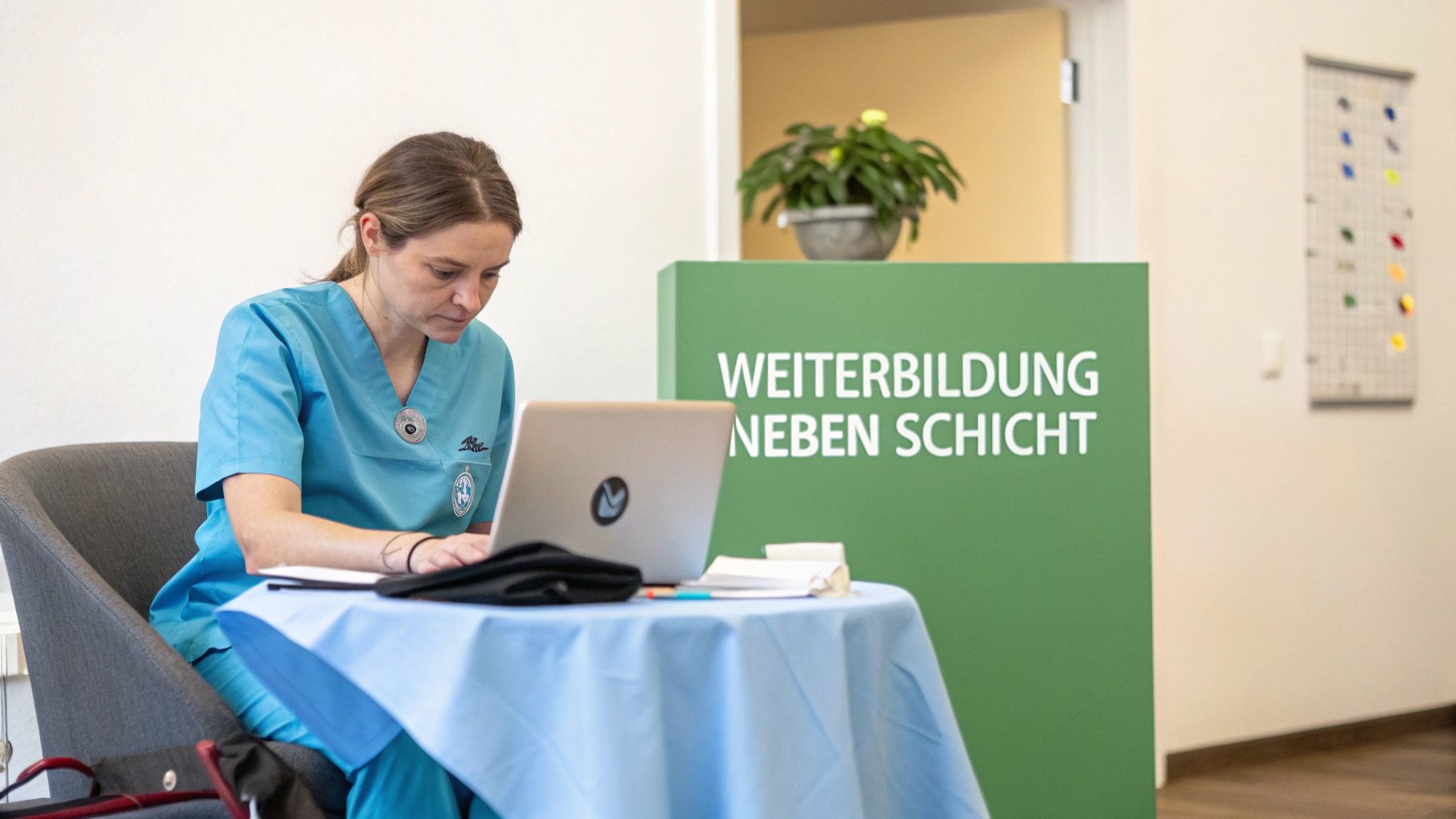 Eine Krankenschwester im Arbeitskittel lernt an einem Laptop; im Hintergrund ein Schild mit der Aufschrift 'Weiterbildung'.