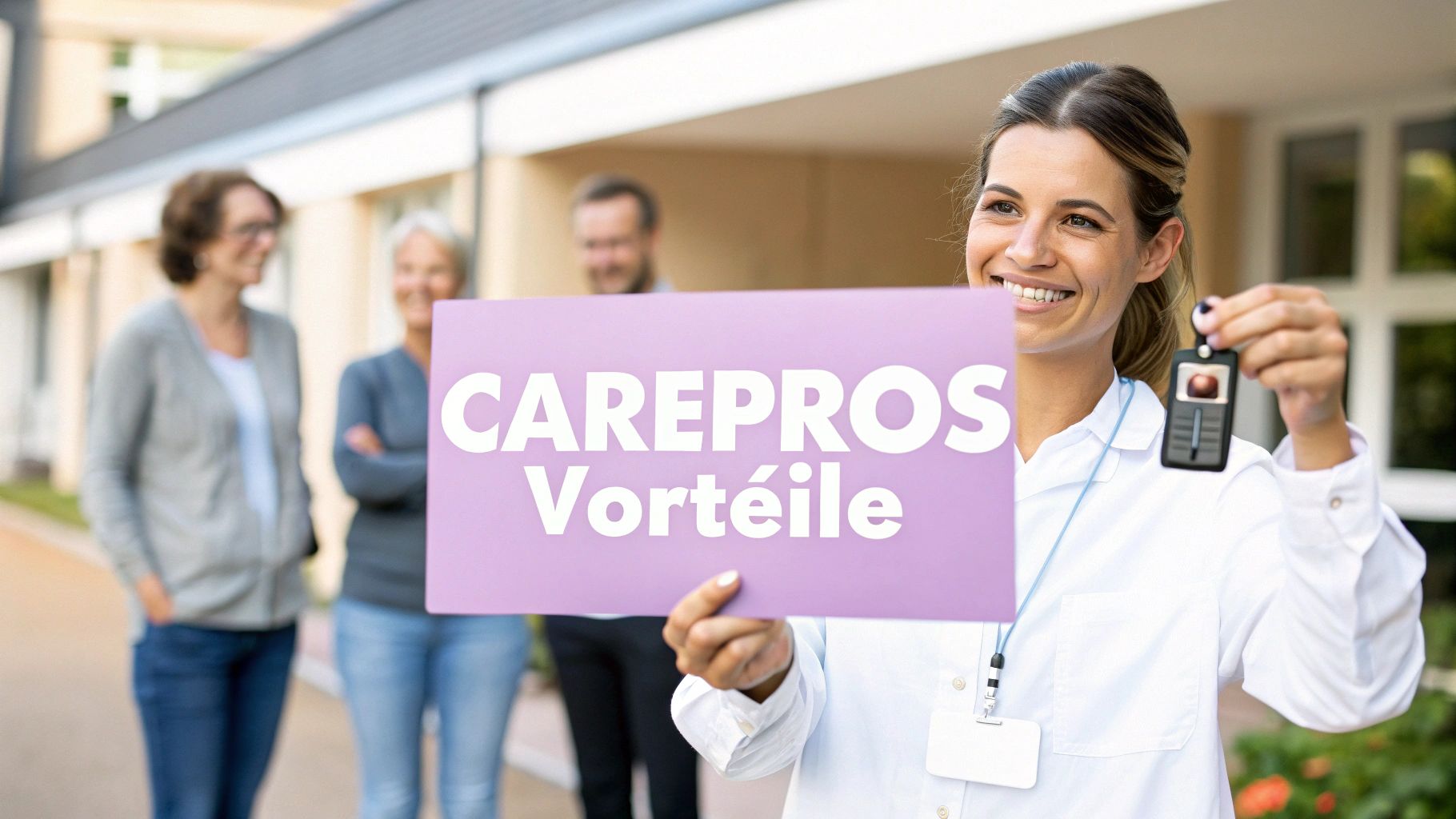 Lächelnde Pflegekraft in weißem Kittel hält Schild mit „CAREPROS Vorteile“ und ein Gerät. Unscharfe Personen im Hintergrund.