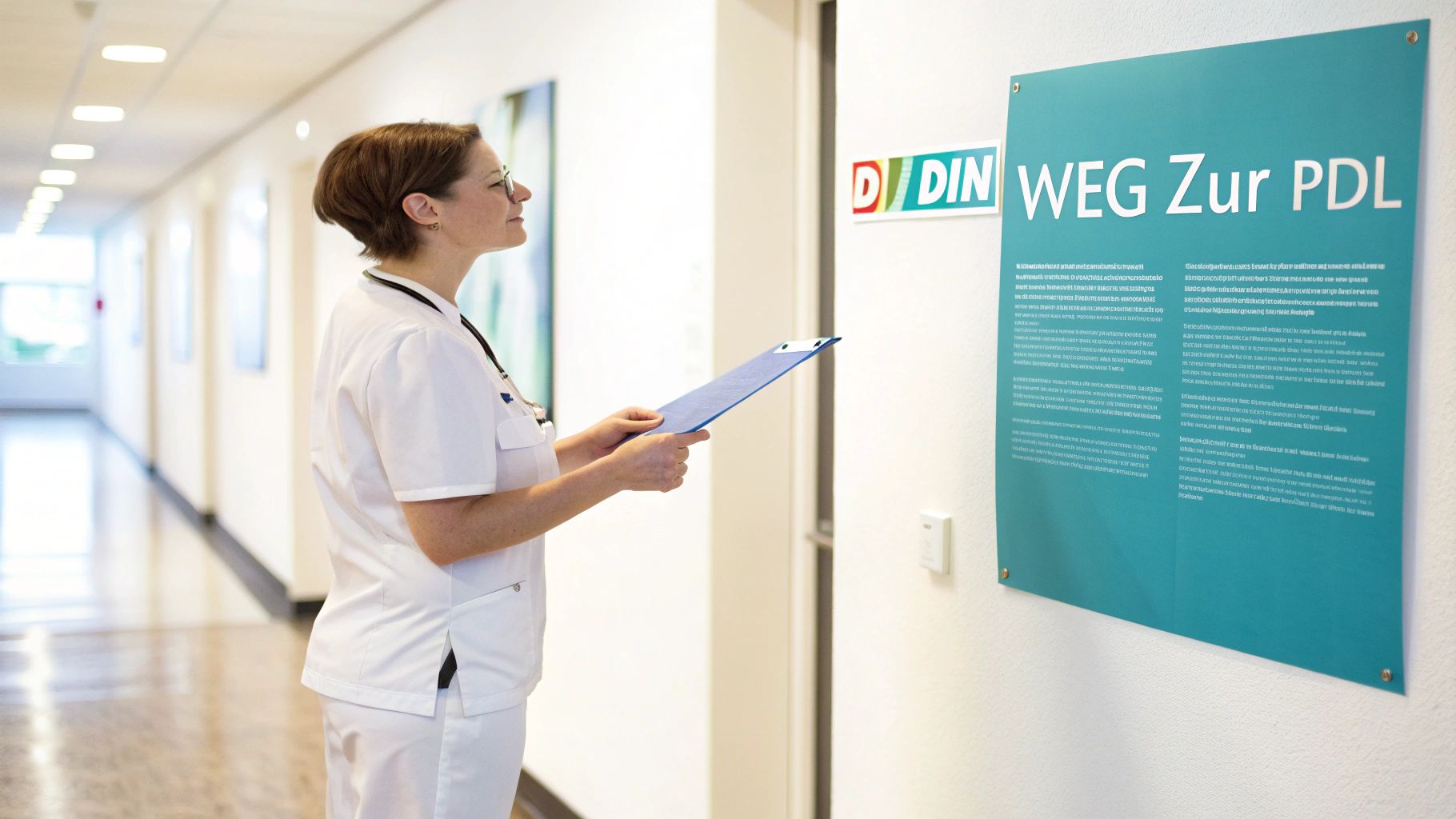 Eine Krankenschwester im Flur eines Krankenhauses betrachtet aufmerksam ein großes blaugrünes Informationsplakat.