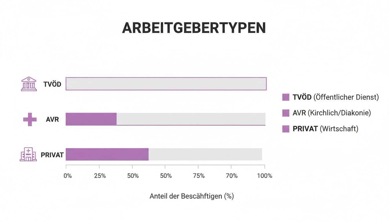 Balkendiagramm über Arbeitgebertypen und den Anteil der Beschäftigten in öffentlichen, kirchlichen und privaten Sektoren.