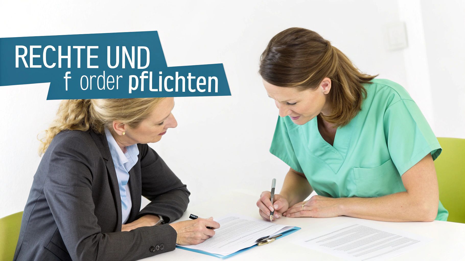 Zwei Frauen, eine in Medizinerkleidung und eine in Geschäftskleidung, unterschreiben Dokumente am Tisch.