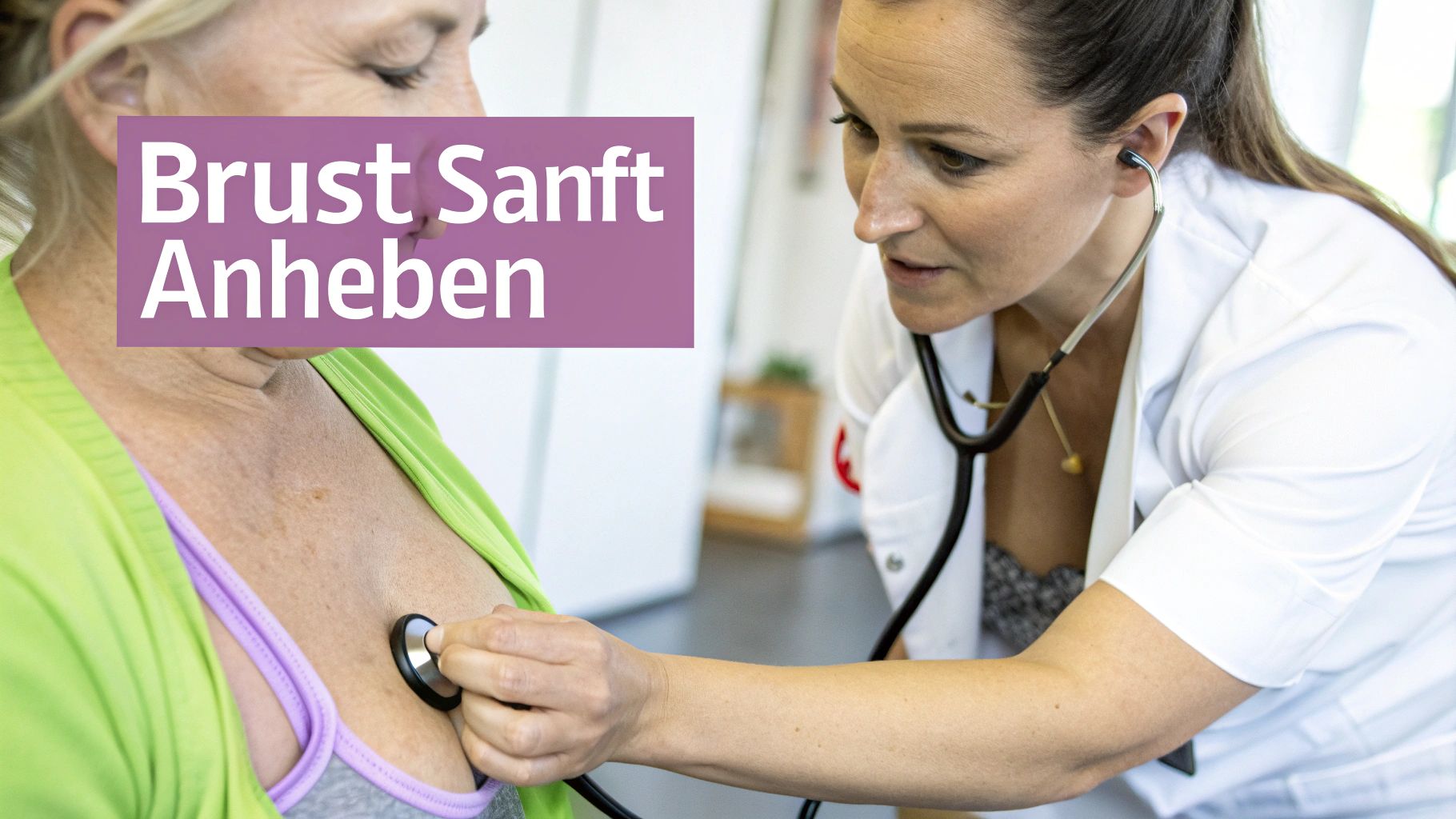 Eine Ärztin untersucht die Brust einer Patientin mit einem Stethoskop. Der Text lautet: Brust Sanft Anheben.