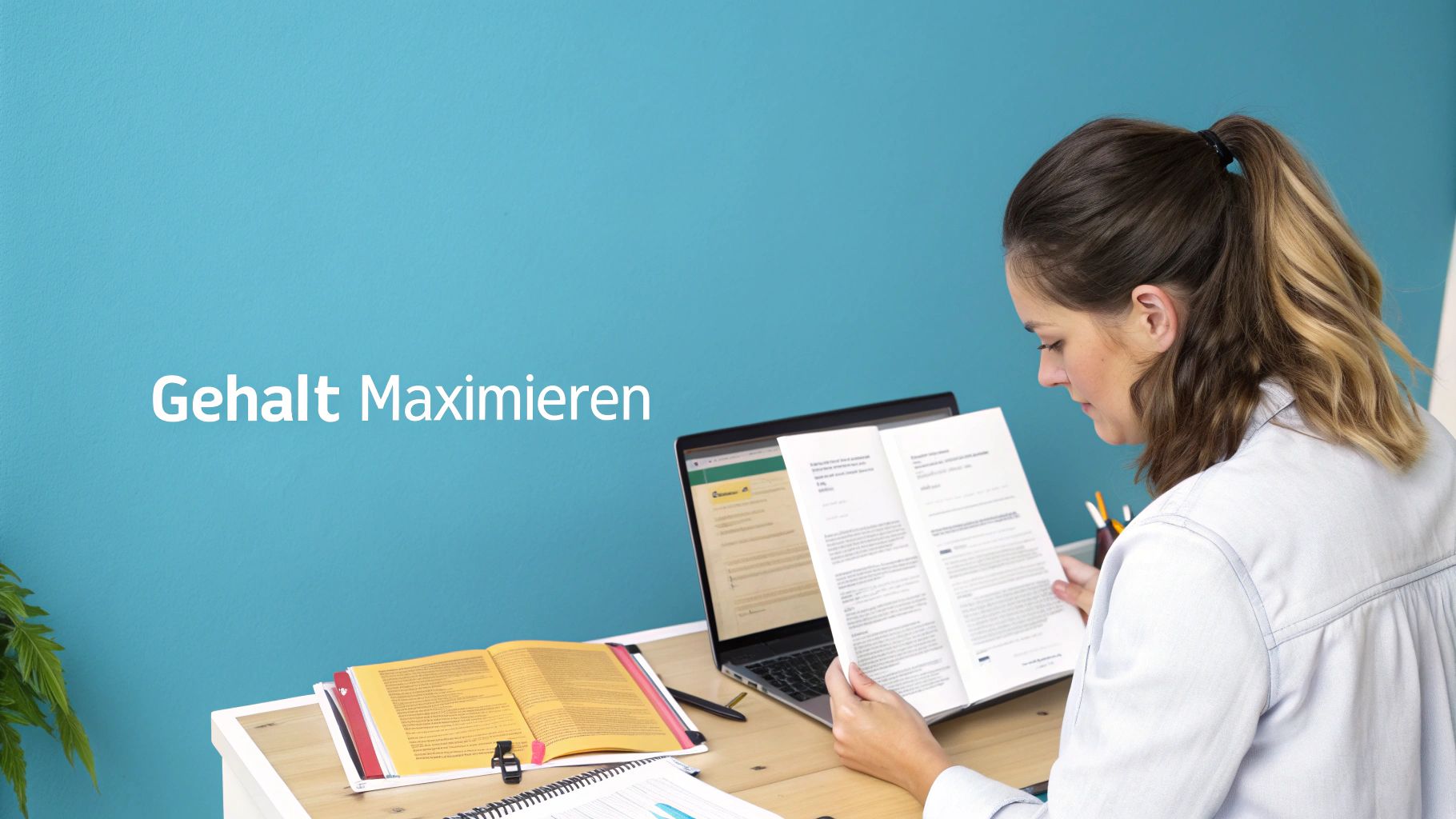 Junge Frau liest Dokumente an einem Schreibtisch mit Laptop und dem Text 'Gehalt Maximieren'.