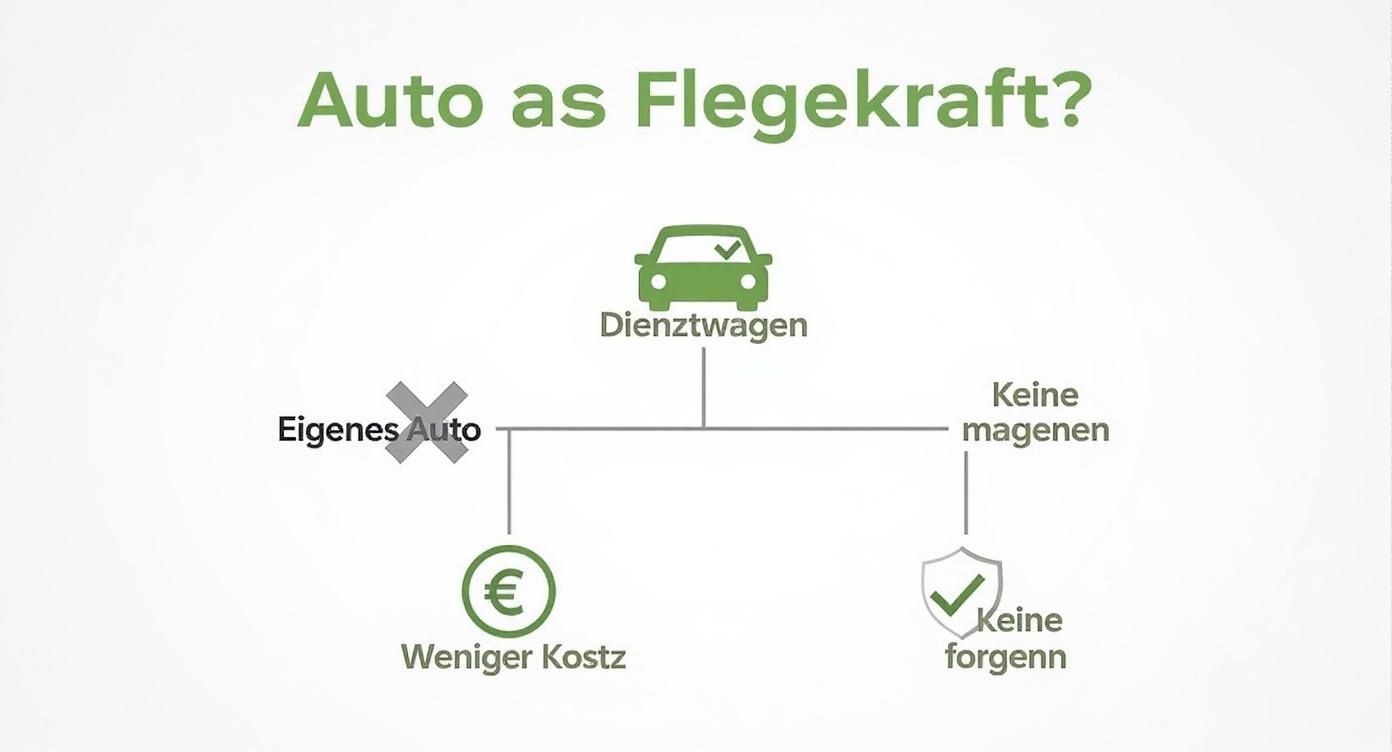 Entscheidungsbaum, der die Vorteile eines Dienstwagens im Vergleich zu einem eigenen Auto für Pflegekräfte darstellt.