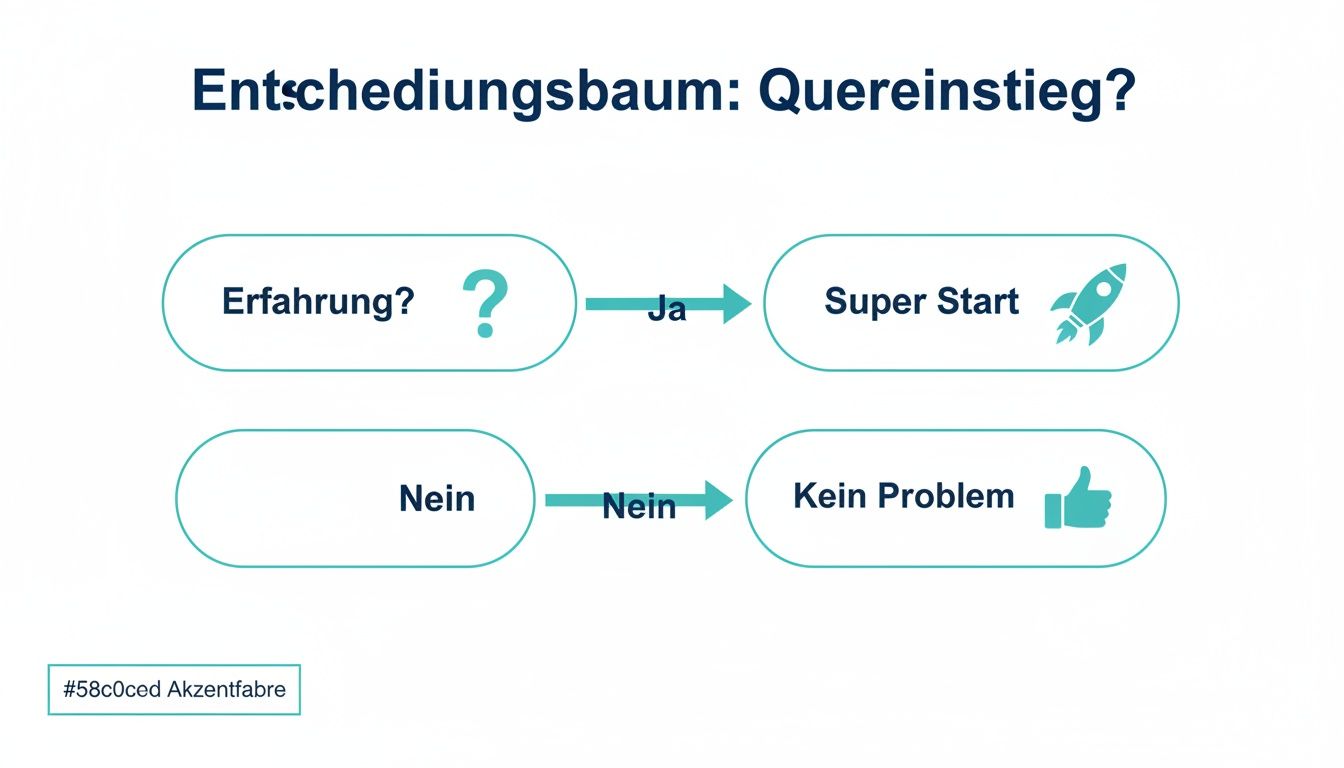 Entscheidungsbaum zum Quereinstieg: Frage nach Erfahrung führt zu 'Super Start' oder 'Kein Problem'.