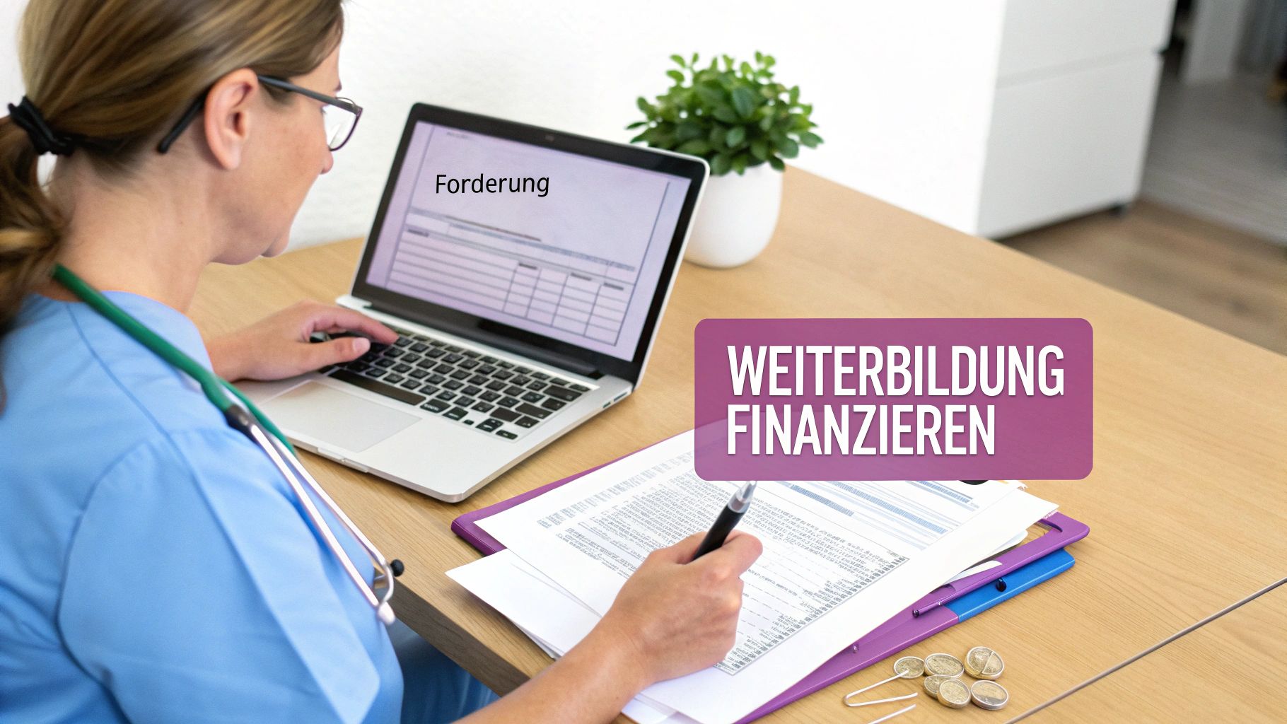 Eine Krankenschwester am Schreibtisch arbeitet am Laptop und unterschreibt Dokumente zur Weiterbildungsfinanzierung.