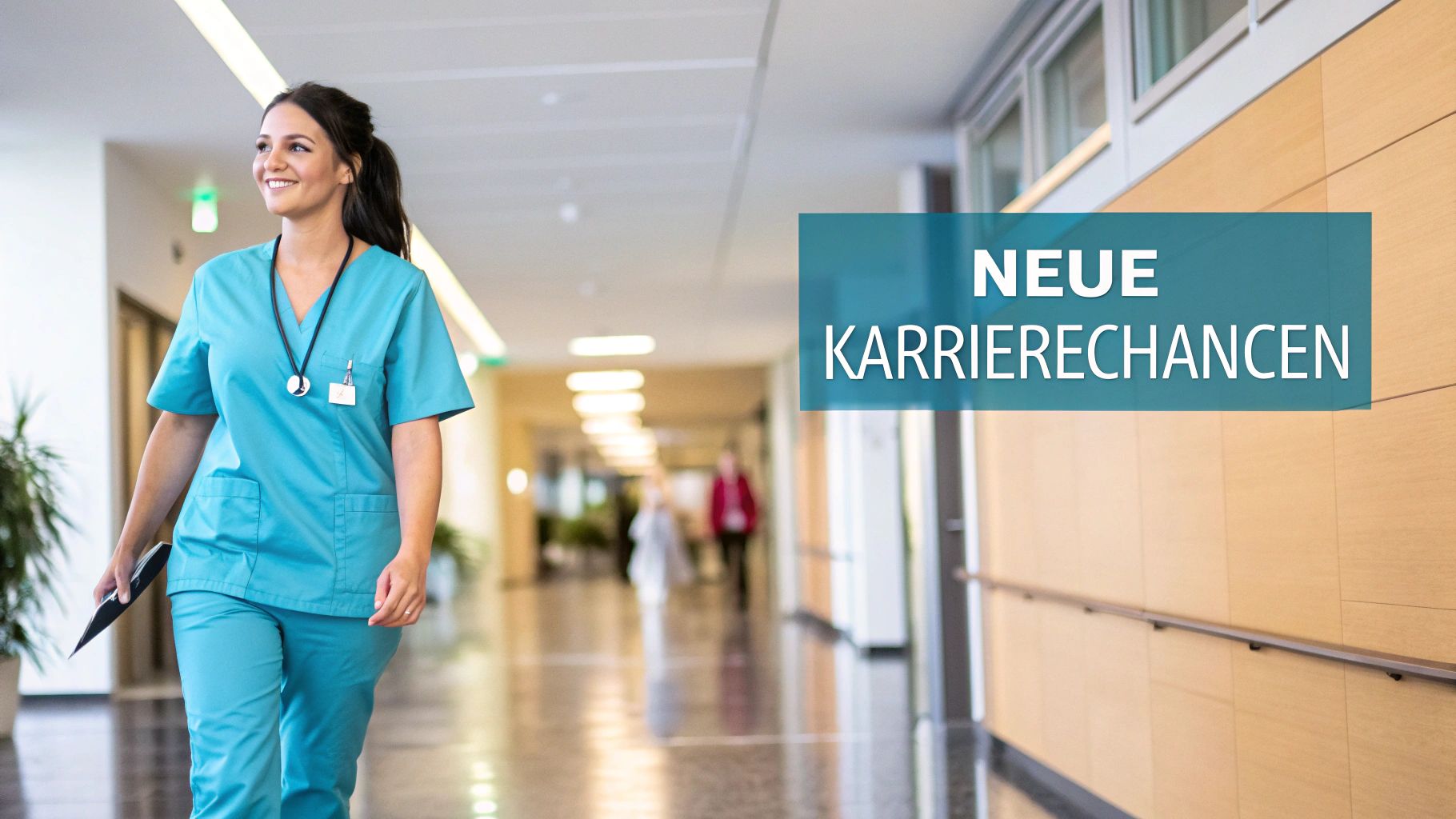 Lächelnde junge Krankenpflegerin in Türkisuniform geht durch einen hellen Krankenhausflur mit dem Text "NEUE KARRIERECHANCEN".