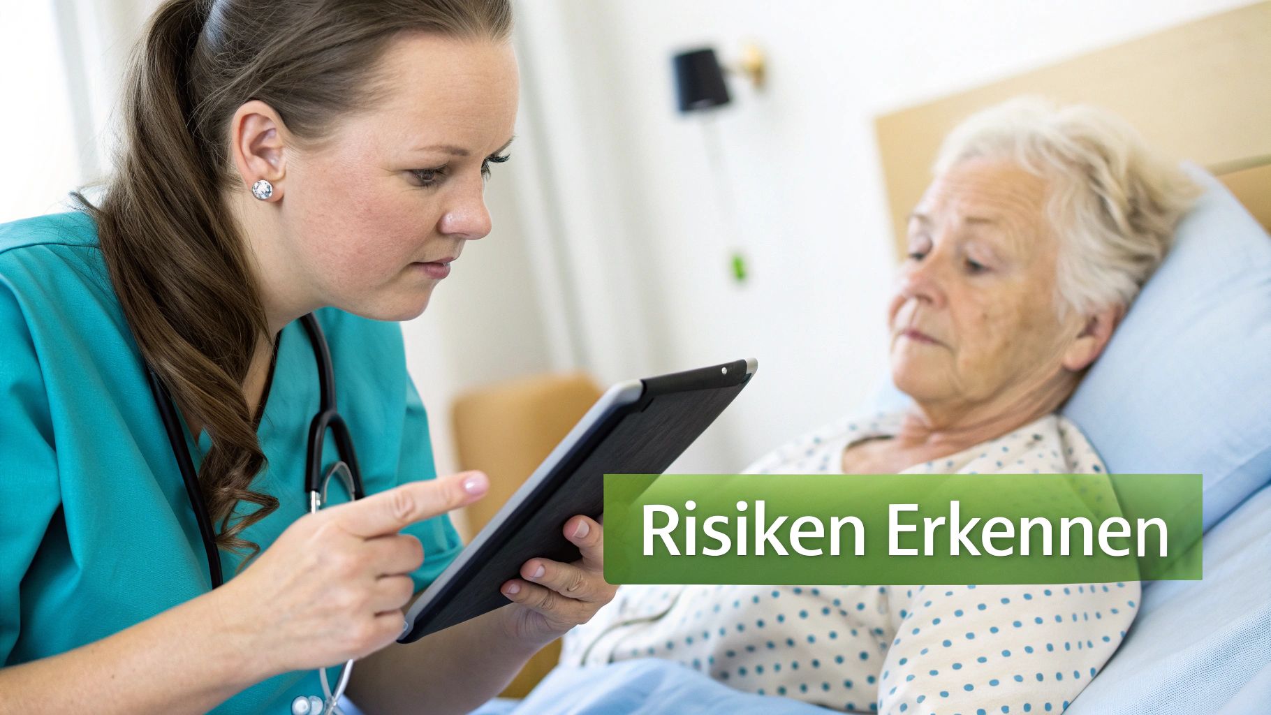 Pflegekraft bespricht mit älterer Patientin im Bett Präventionsmaßnahmen, während sie ein Tablet verwendet. Text: Risiken Erkennen.
