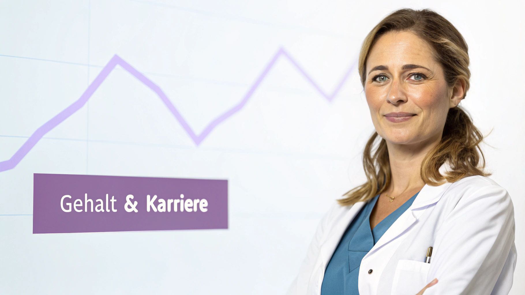 Lächelnde Ärztin vor einem Diagramm mit dem Text "Gehalt & Karriere", das berufliche Entwicklung symbolisiert.