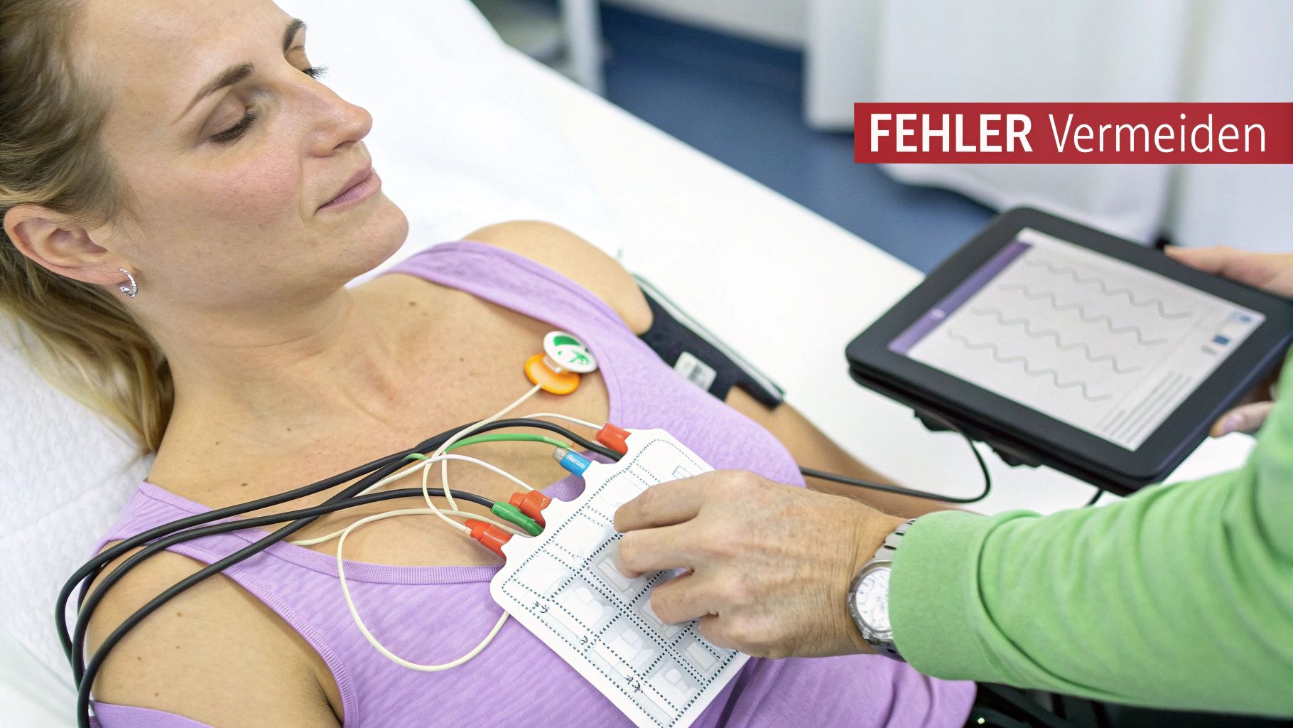 Eine Frau liegt mit EKG-Elektroden auf der Brust, während eine medizinische Fachkraft ein Tablet mit Messdaten hält.