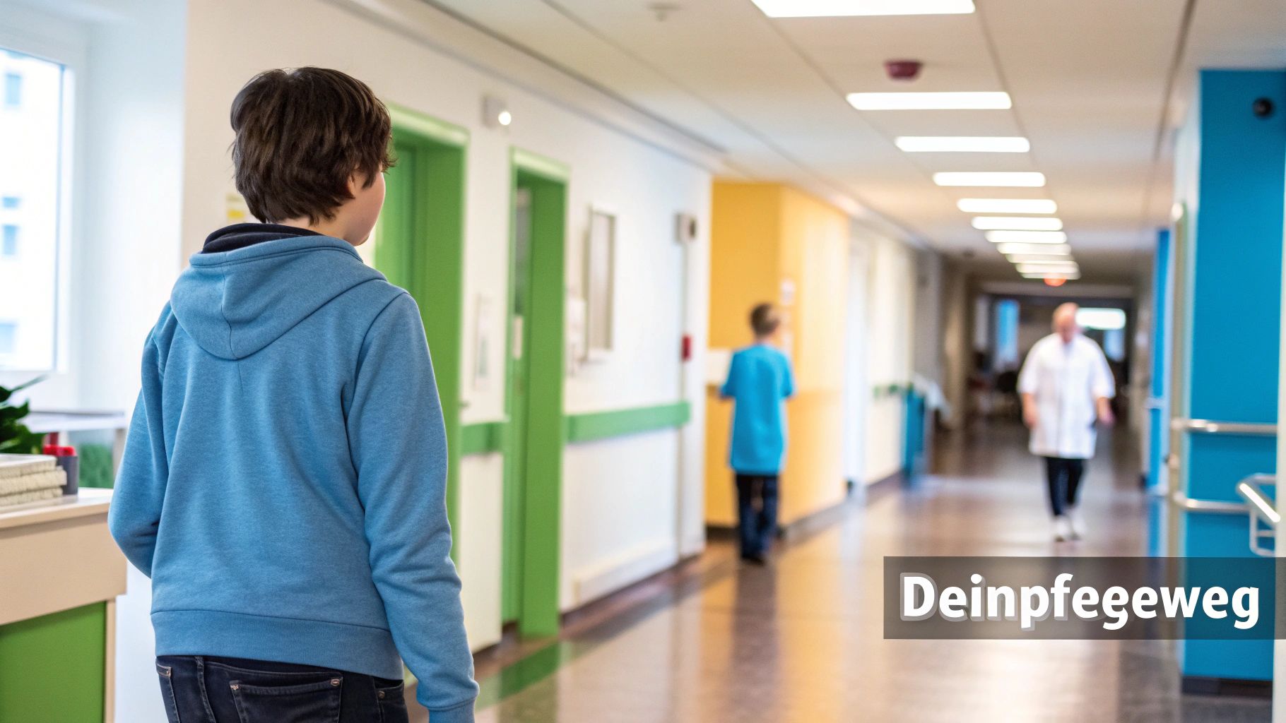 Ein junger Mensch im blauen Hoodie geht einen hellen Krankenhausflur entlang, im Hintergrund weiteres Personal.