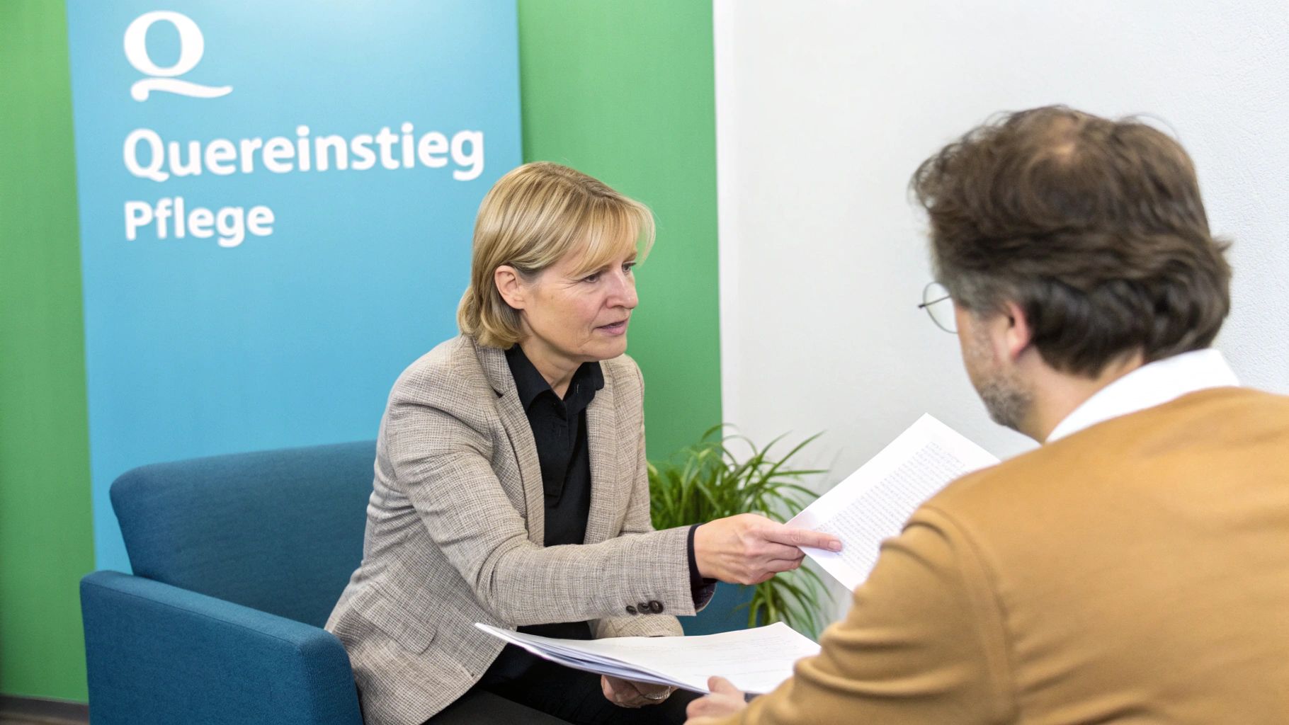 Eine Frau überreicht Dokumente an einen Mann in einem Büro mit dem Banner „Quereinstieg Pflege“.